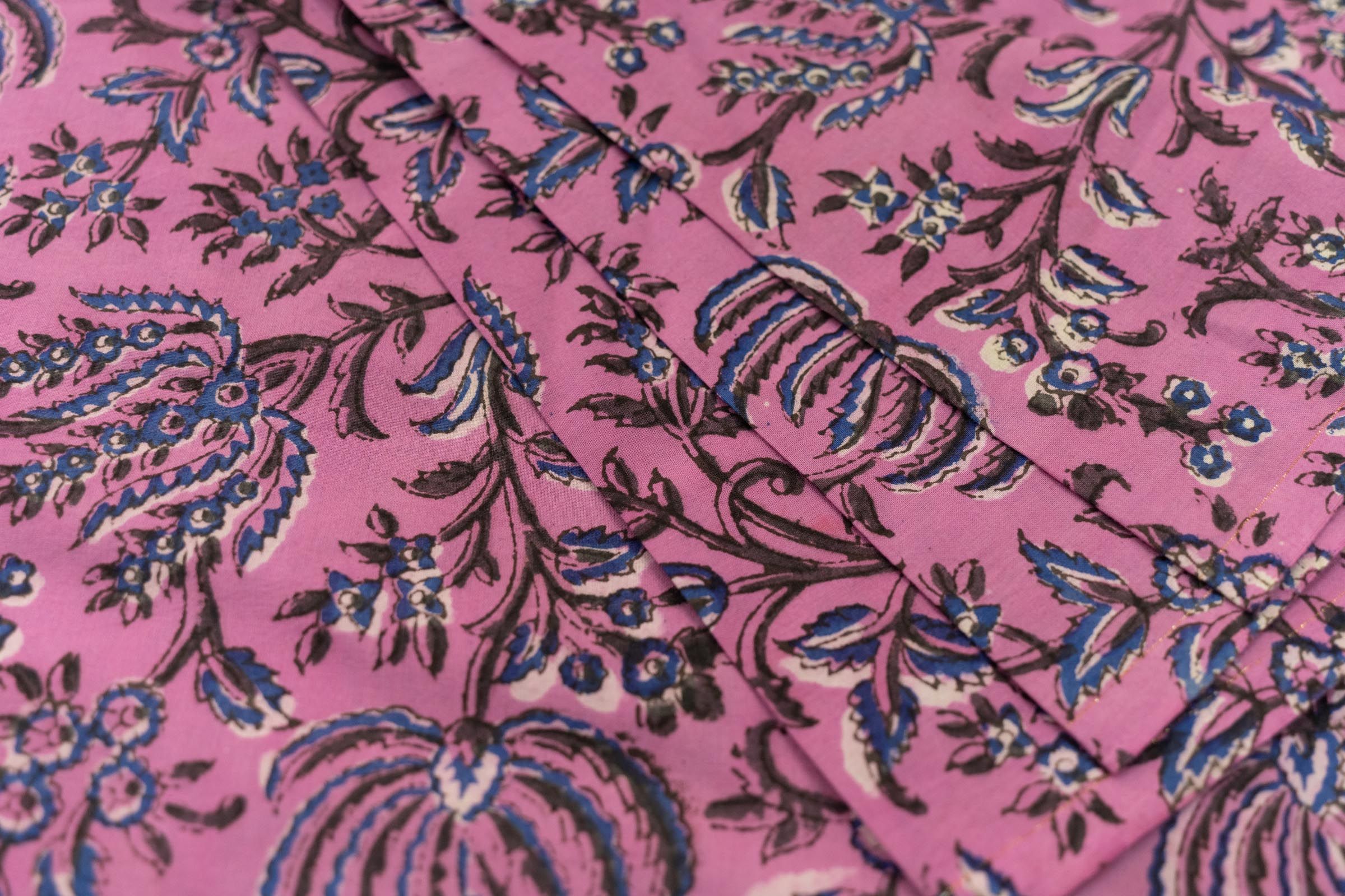 Pink Floral Hand Block Printed Fabric