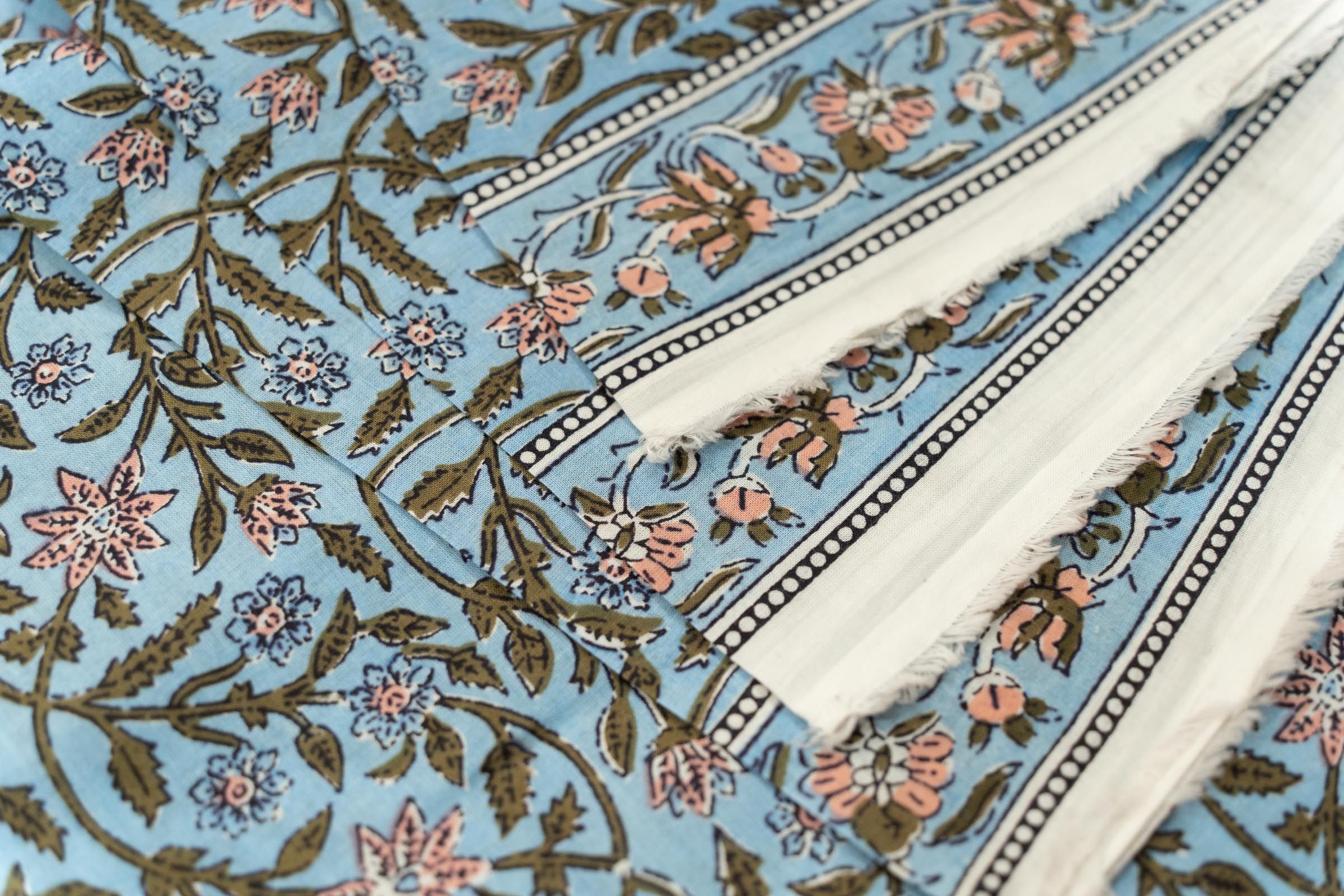 Blue Bordered Block Printed Cotton Fabric