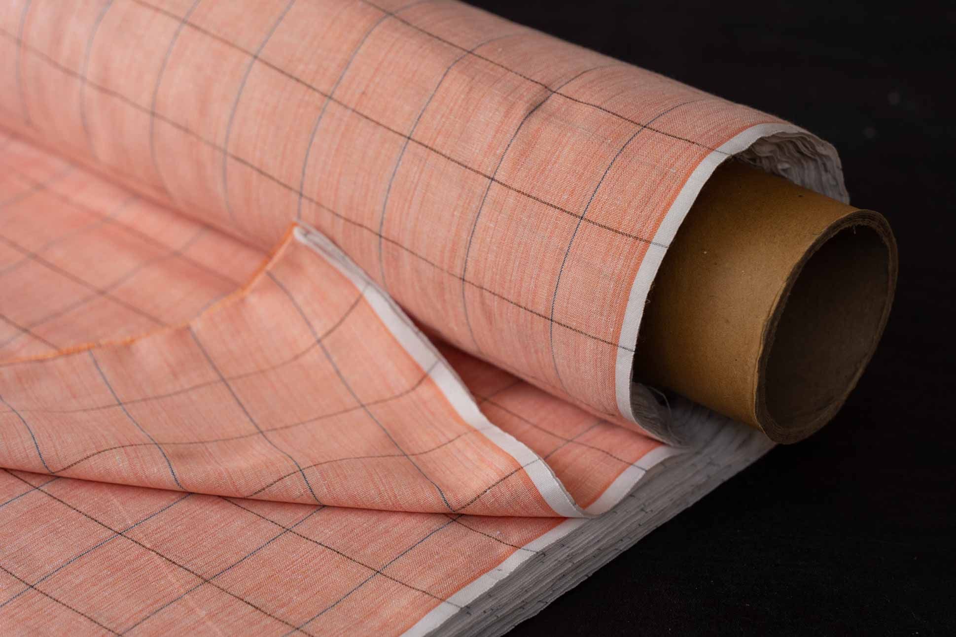 Peach Checks Khari Cotton Blend Fabric(2.25 Mtr)