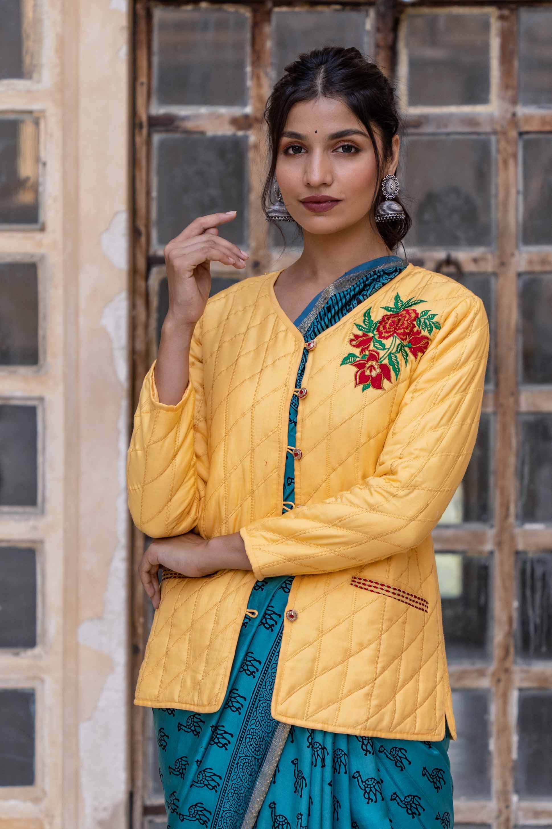 Sunshine Yellow Embroidered Quilted Silk Jacket