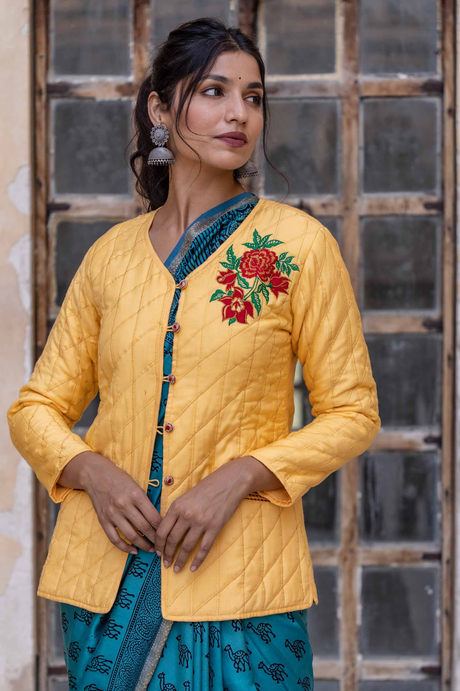 Sunshine Yellow Embroidered Quilted Silk Jacket