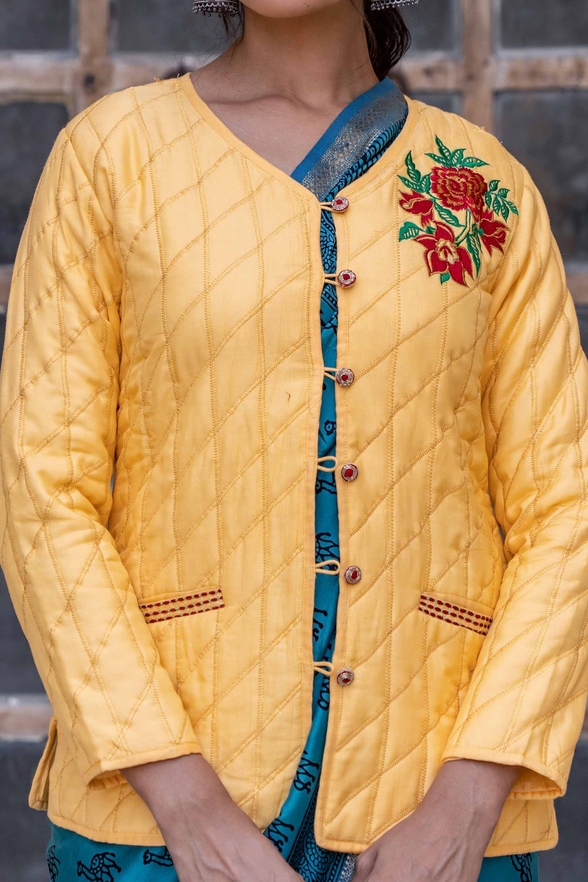 Sunshine Yellow Embroidered Quilted Silk Jacket