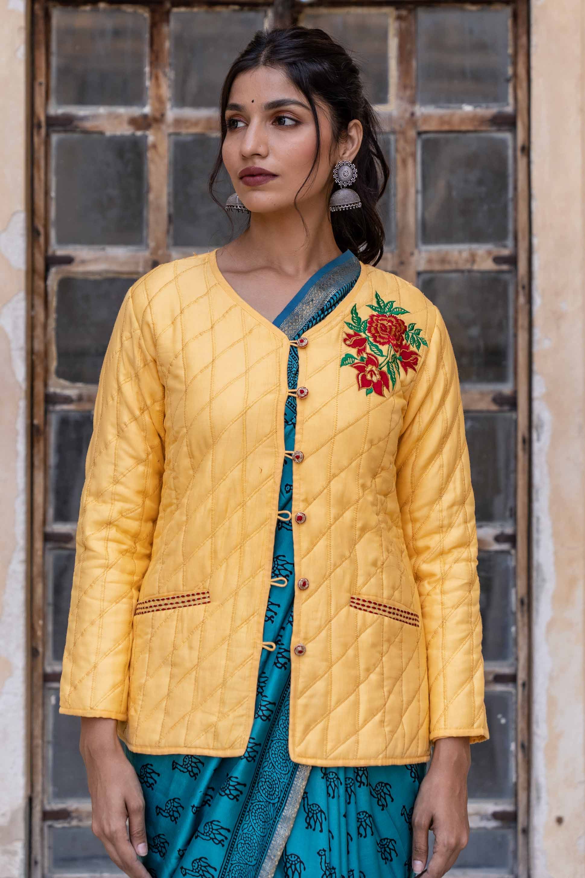 Sunshine Yellow Embroidered Quilted Silk Jacket