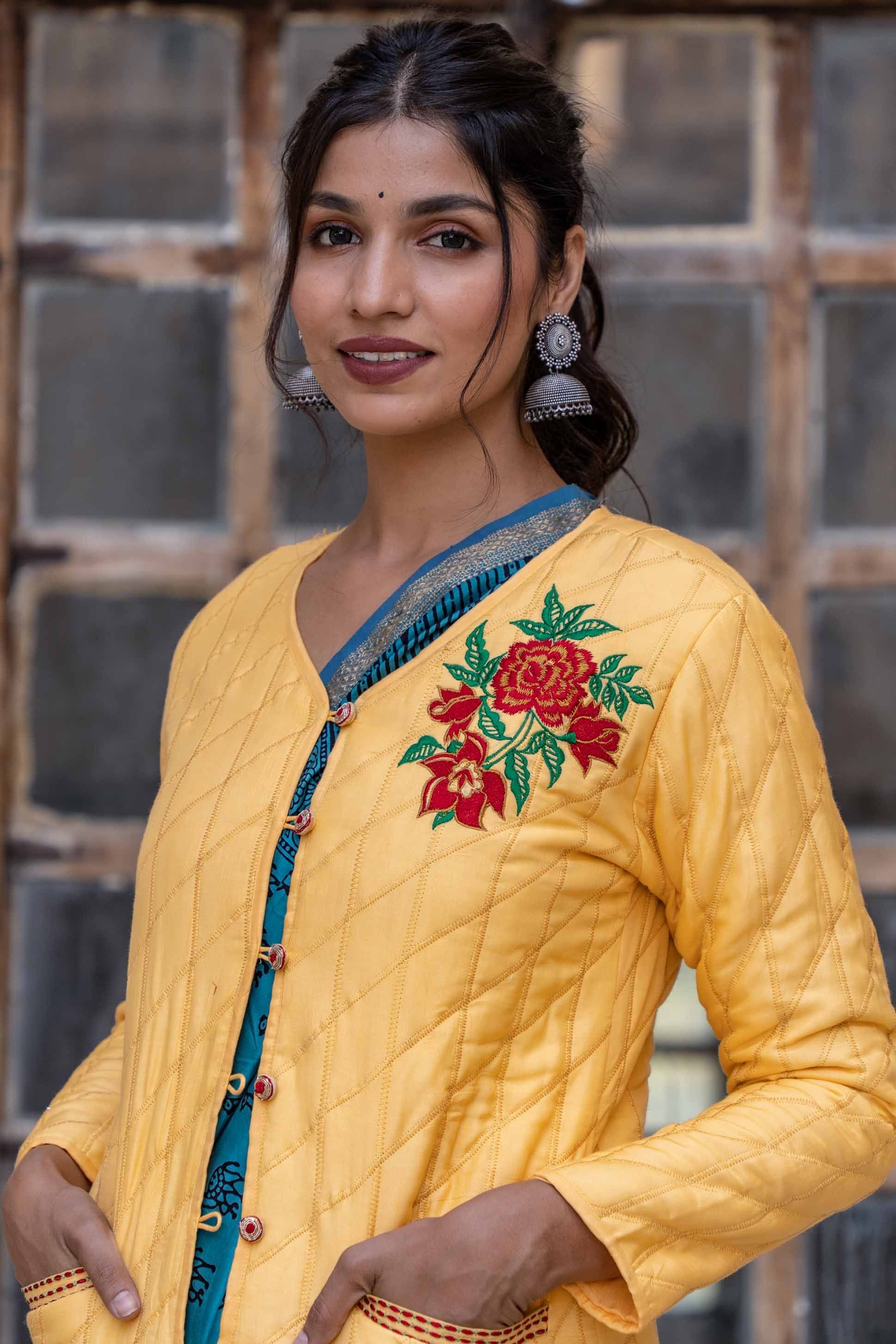 Sunshine Yellow Embroidered Quilted Silk Jacket