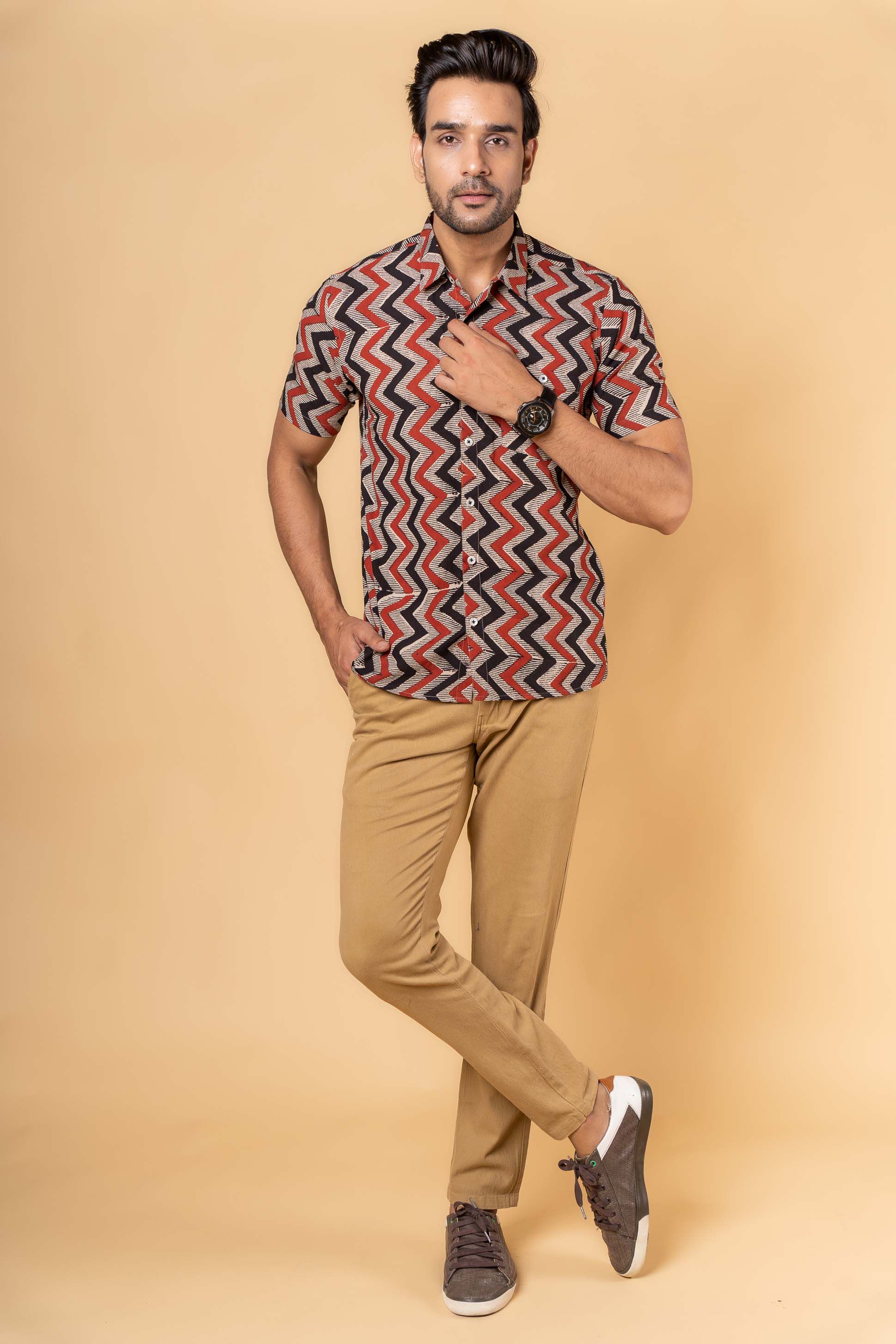 Bagru Red Block Printed Men Shirt