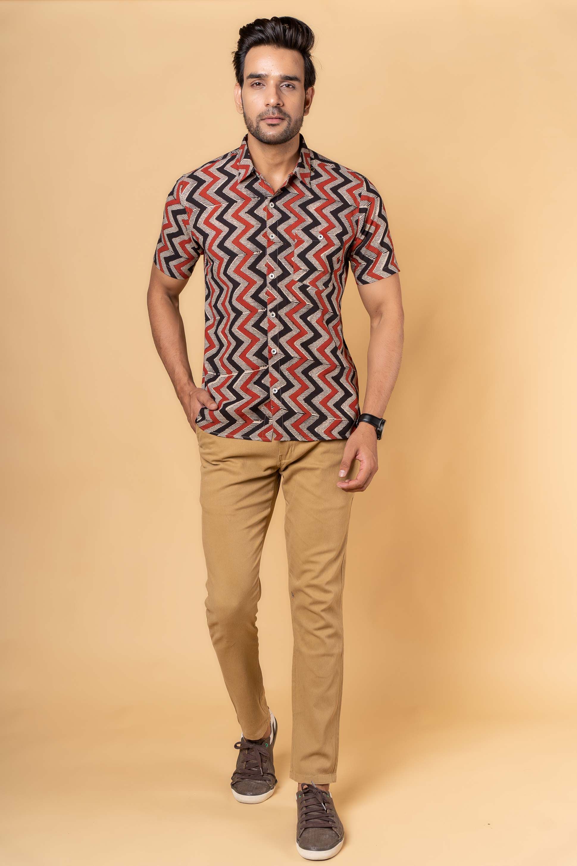 Bagru Red Block Printed Men Shirt