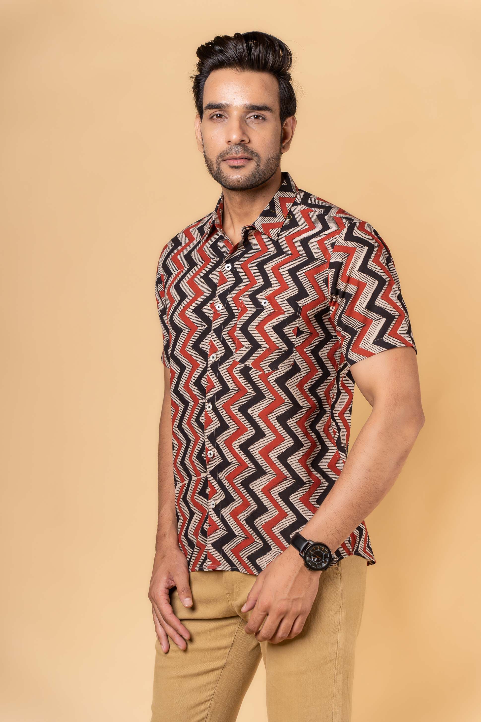 Bagru Red Block Printed Men Shirt