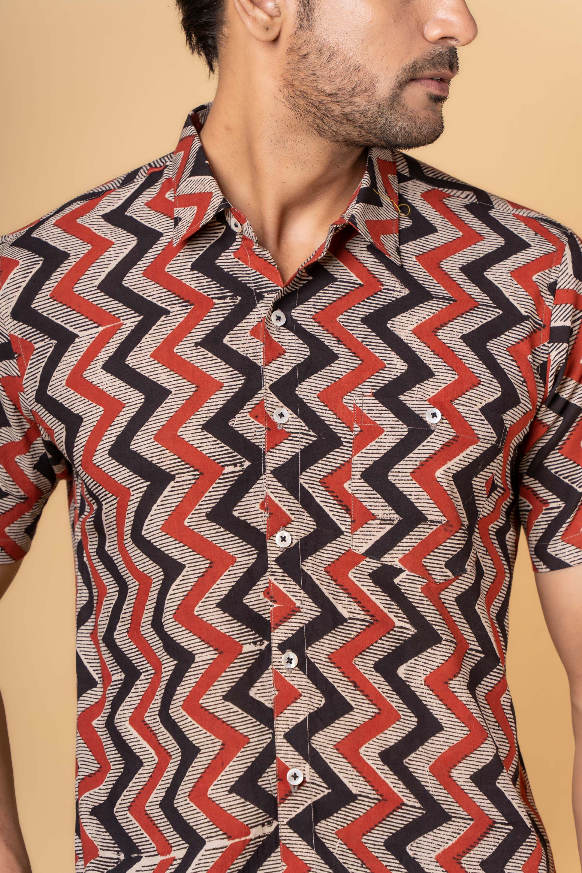 Bagru Red Block Printed Men Shirt