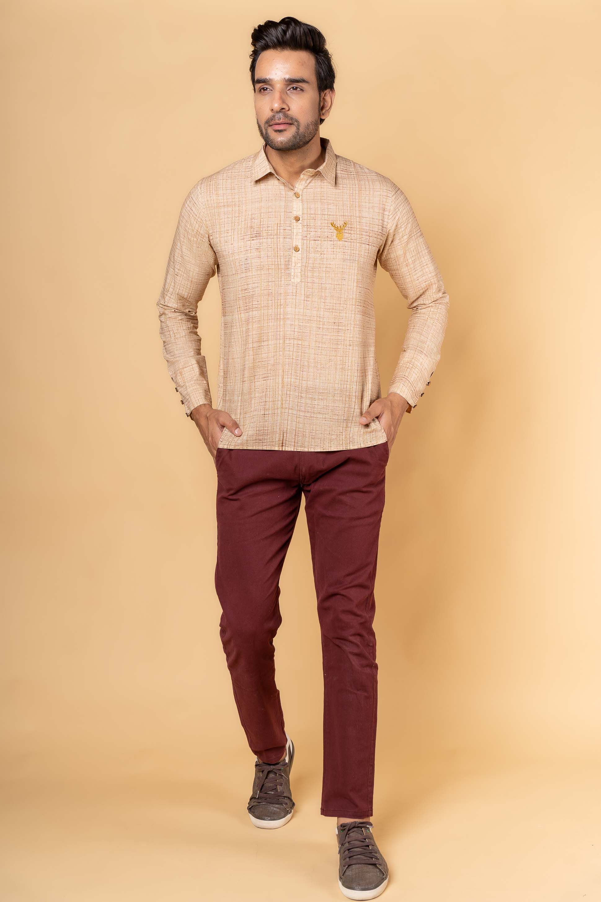 Camel Brown Embroidered Block Printed Kurta