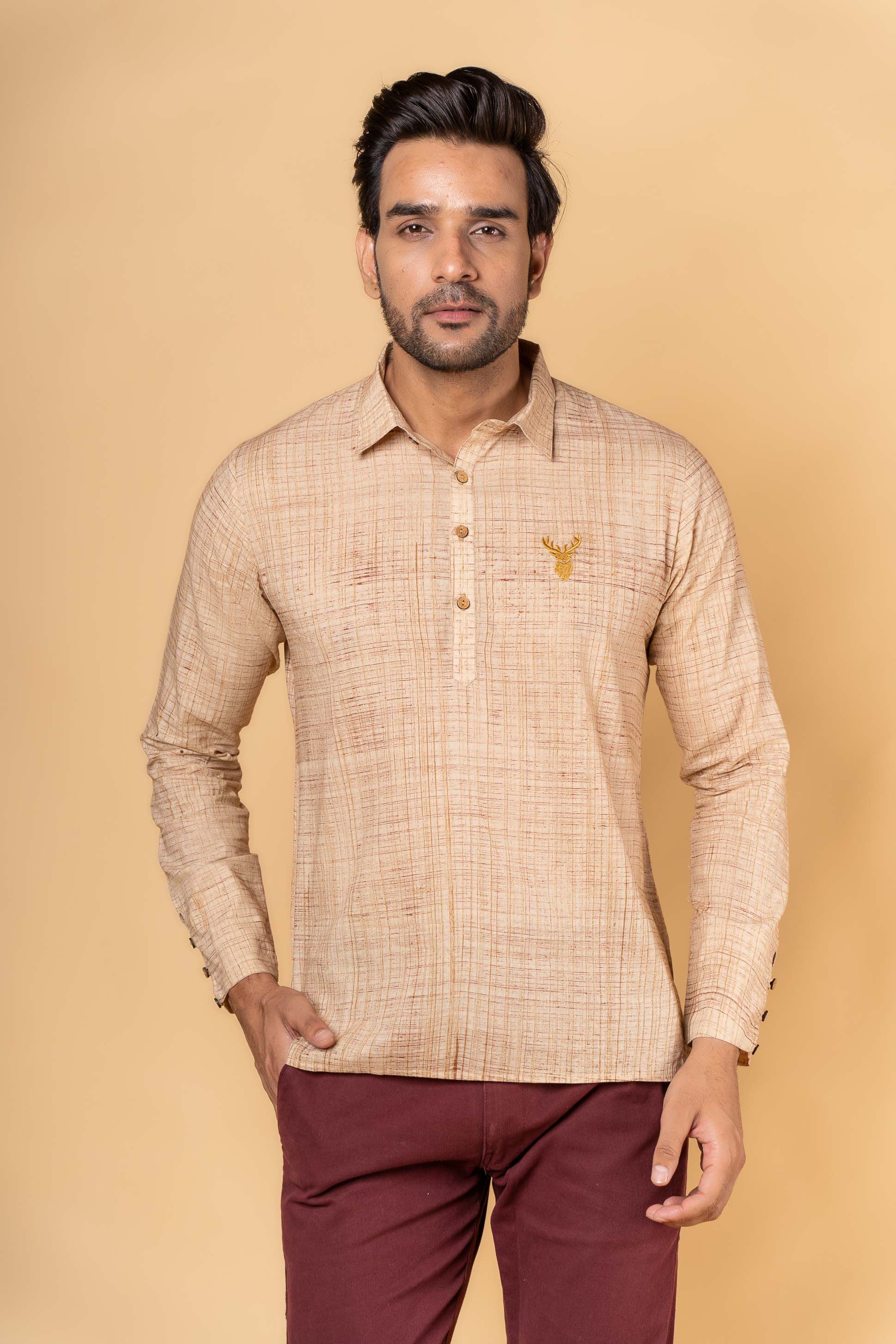 Camel Brown Embroidered Block Printed Kurta