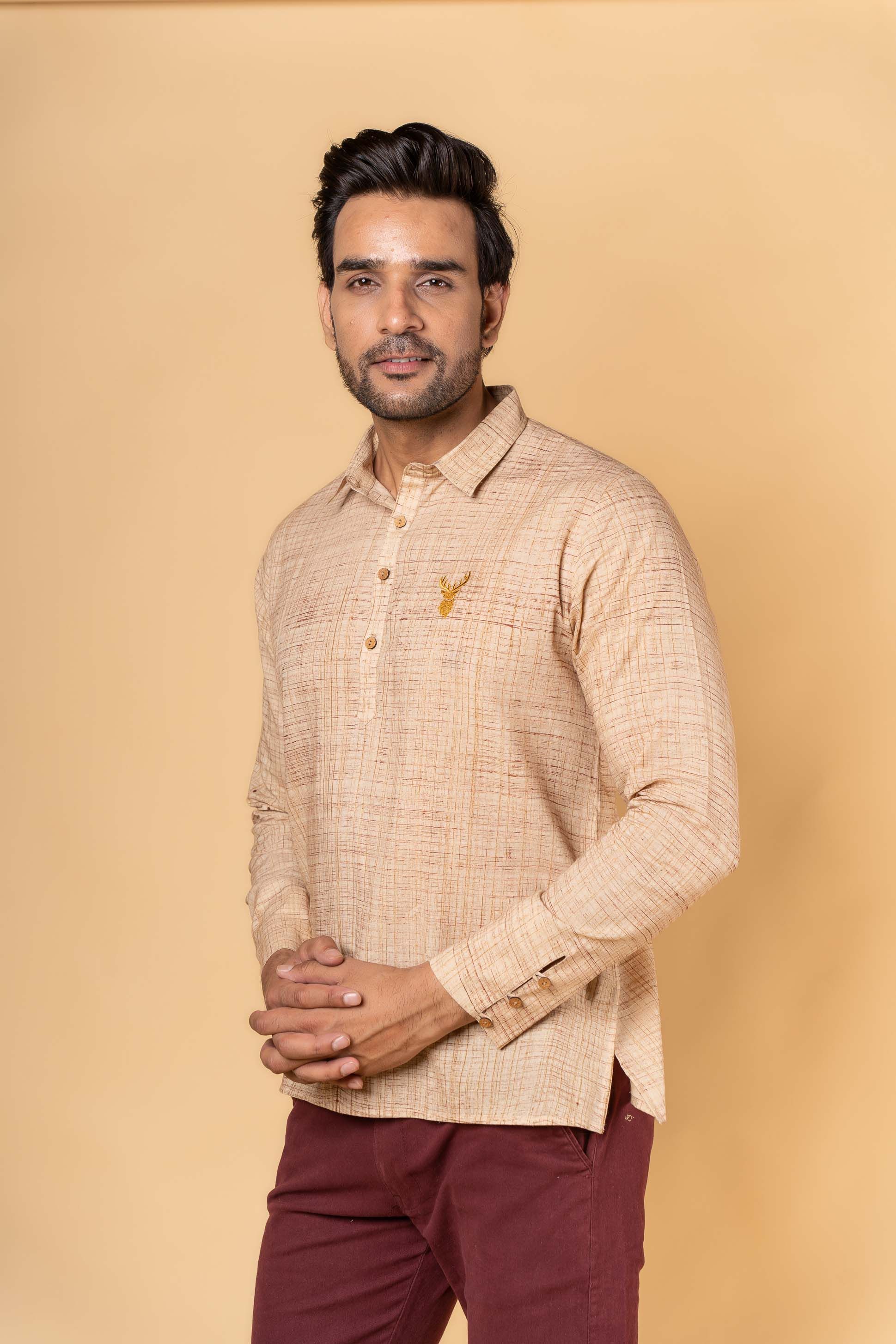 Camel Brown Embroidered Block Printed Kurta