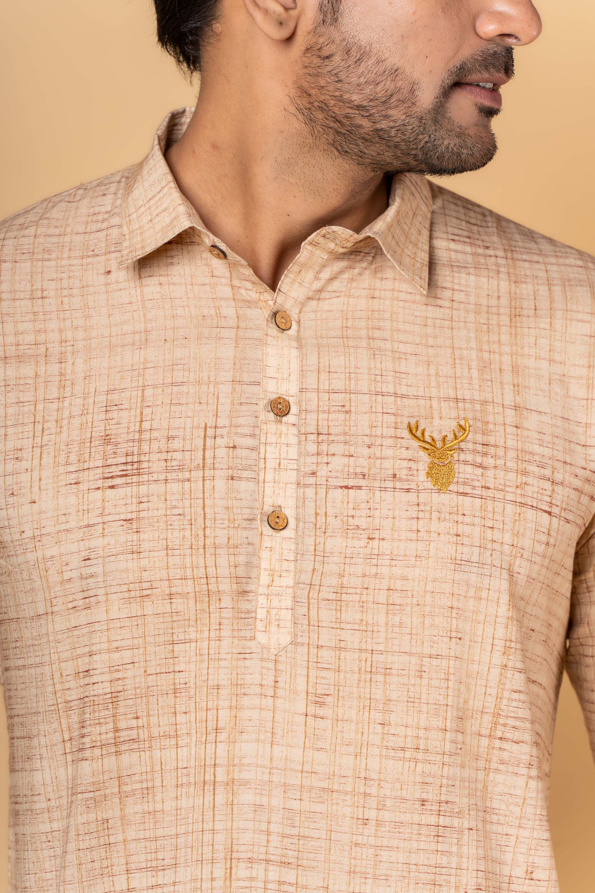 Camel Brown Embroidered Block Printed Kurta