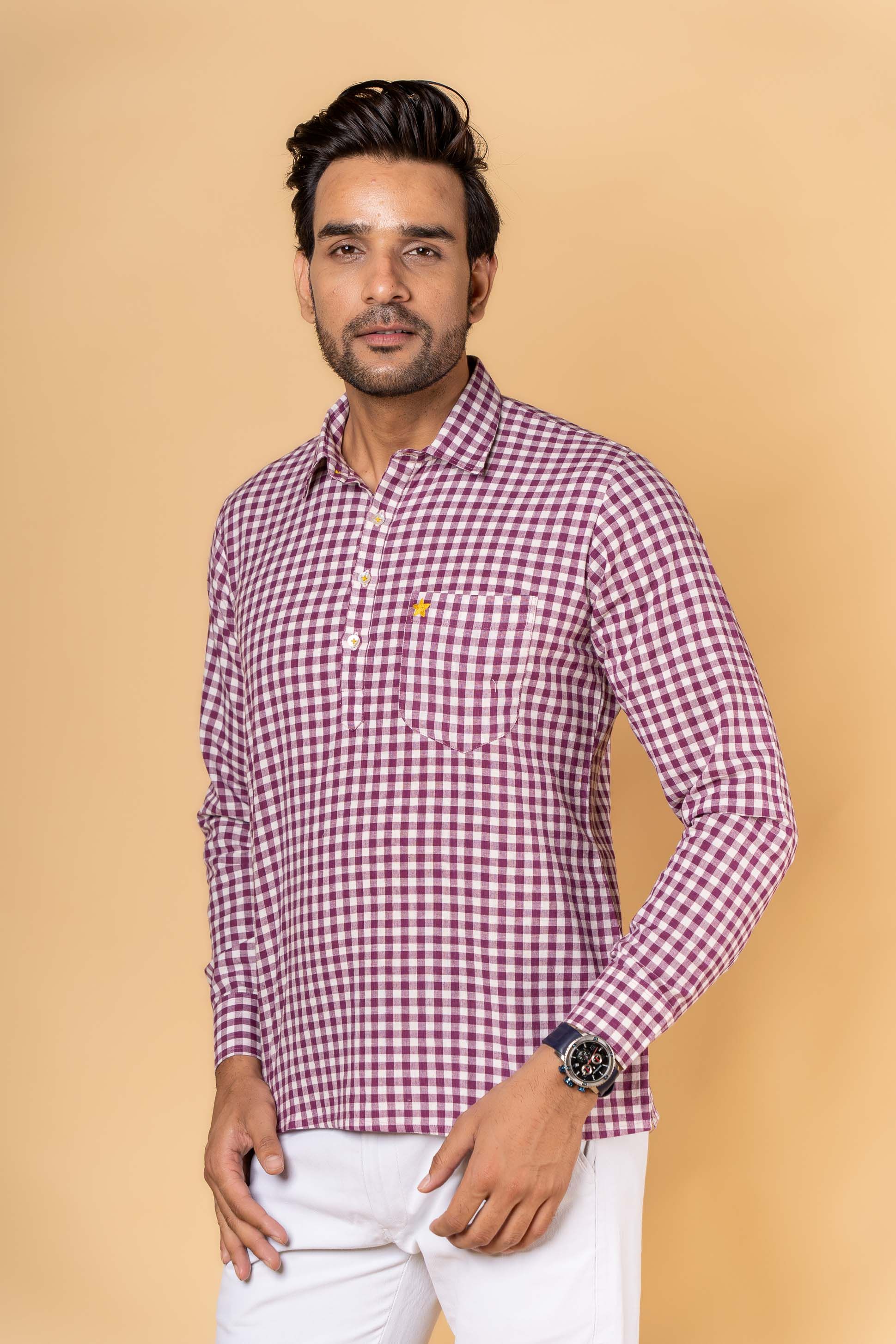 Purple Checks Embroidered Khari Cotton Kurta