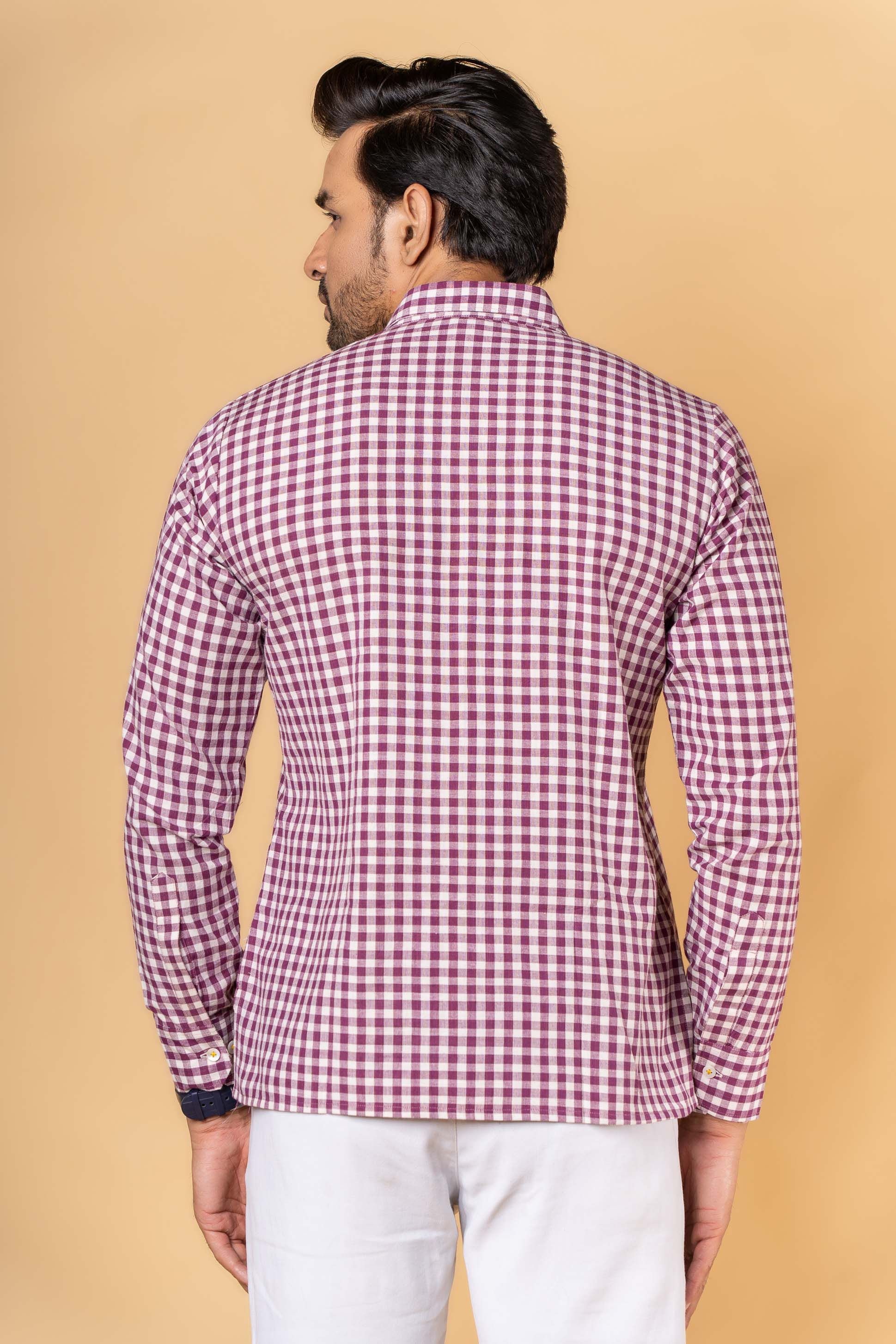 Purple Checks Embroidered Khari Cotton Kurta