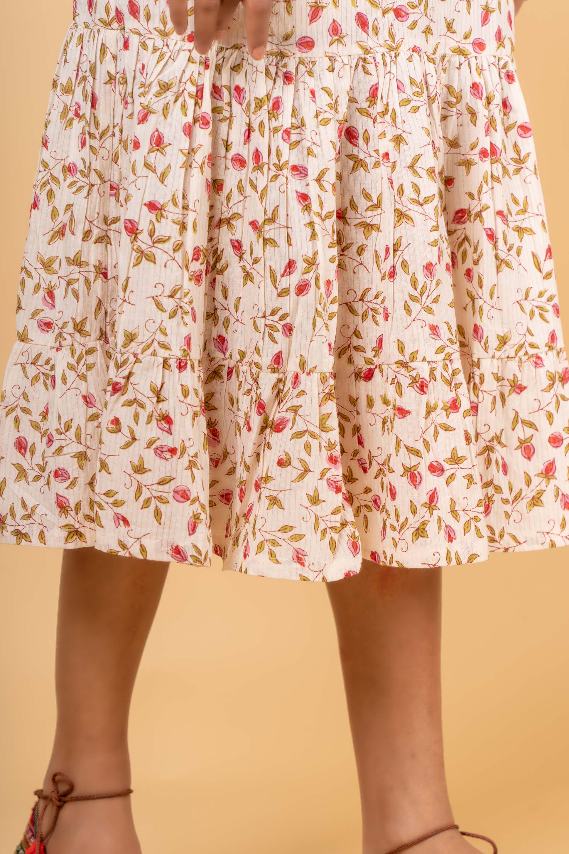 Pink Grey Kantha Block Printed Frill Skirt