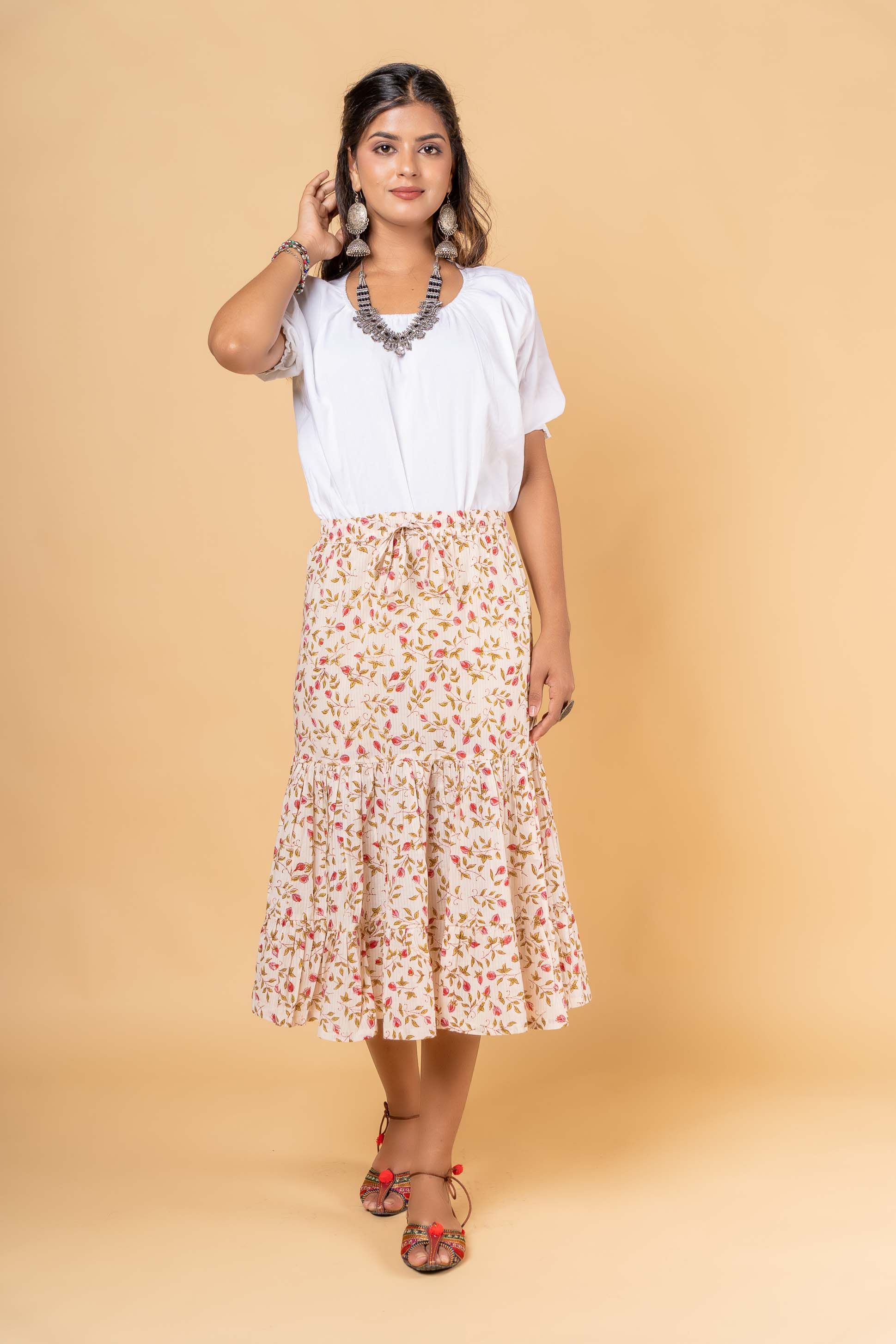 Pink Grey Kantha Block Printed Frill Skirt