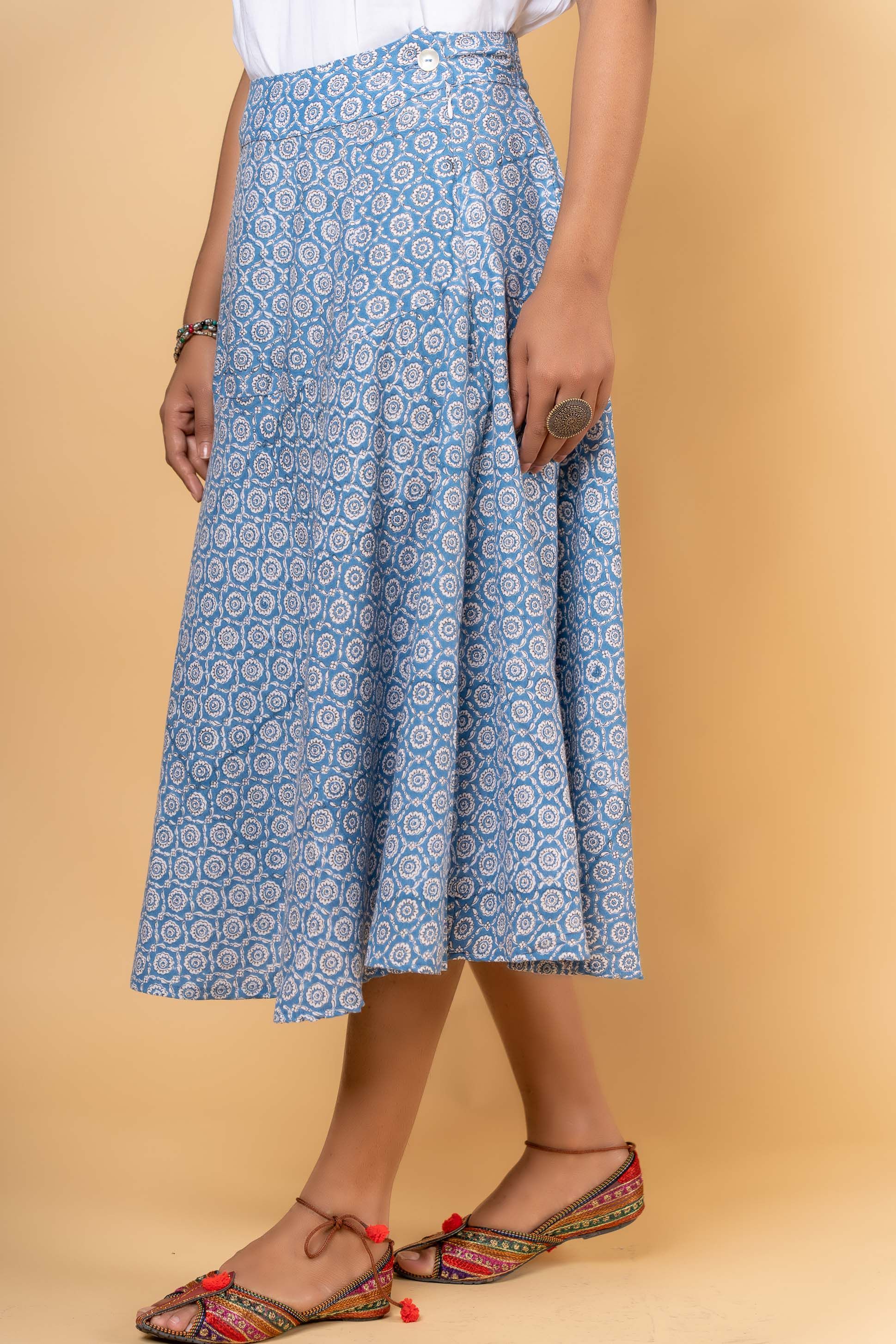 Blue Block Printed Flaired Skirt