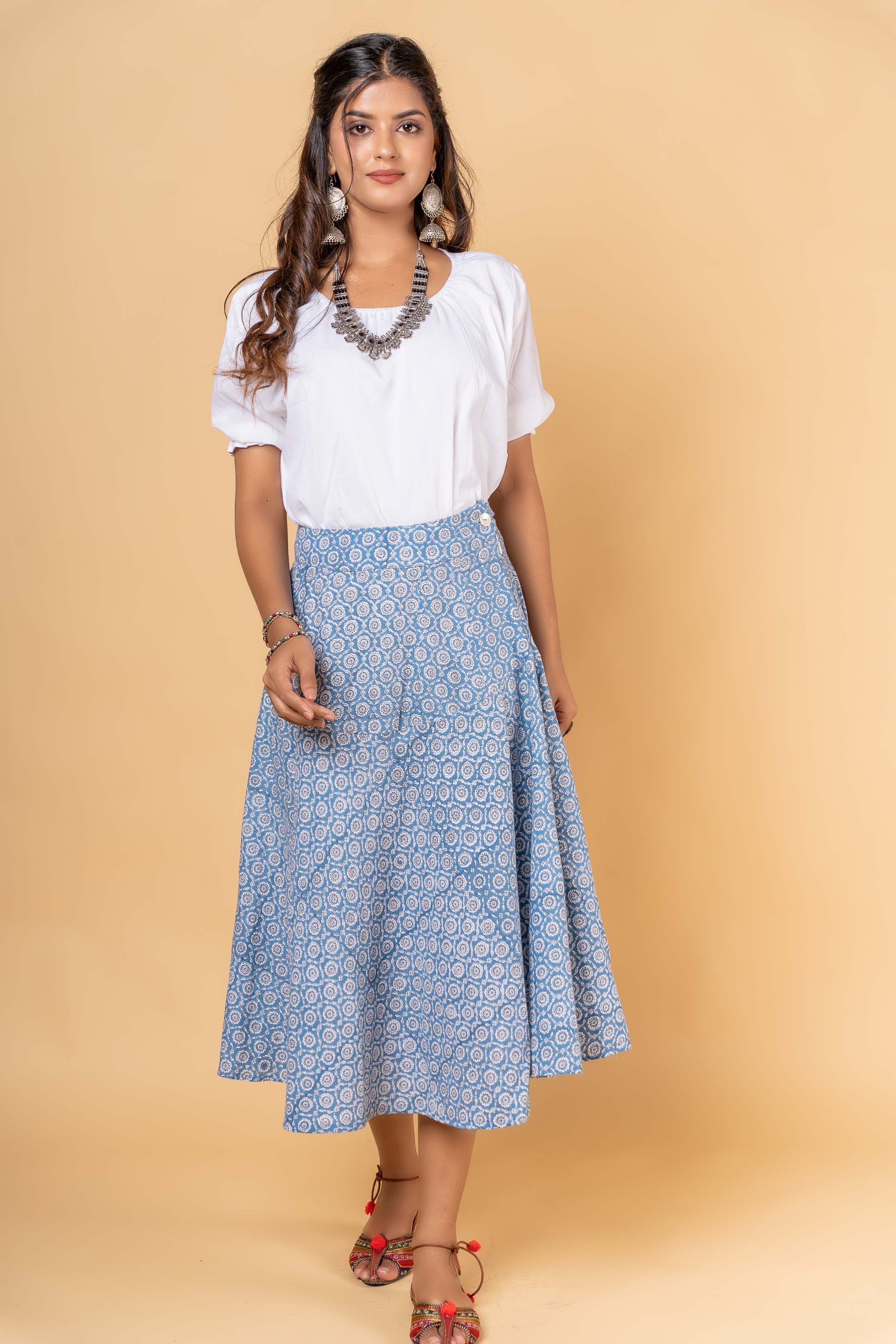 Blue Block Printed Flaired Skirt