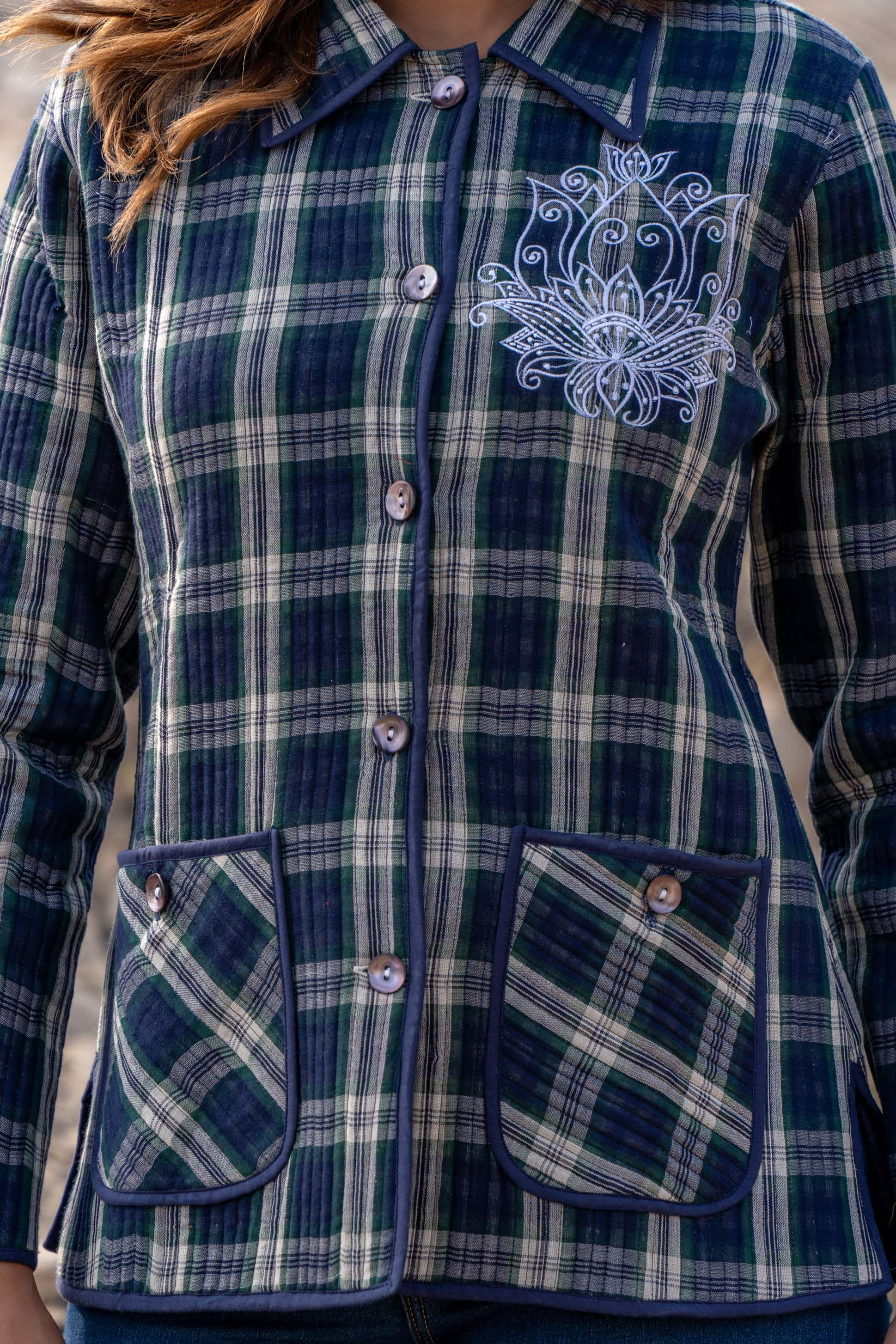 Blue Checks Quilted Embroidered Jacket