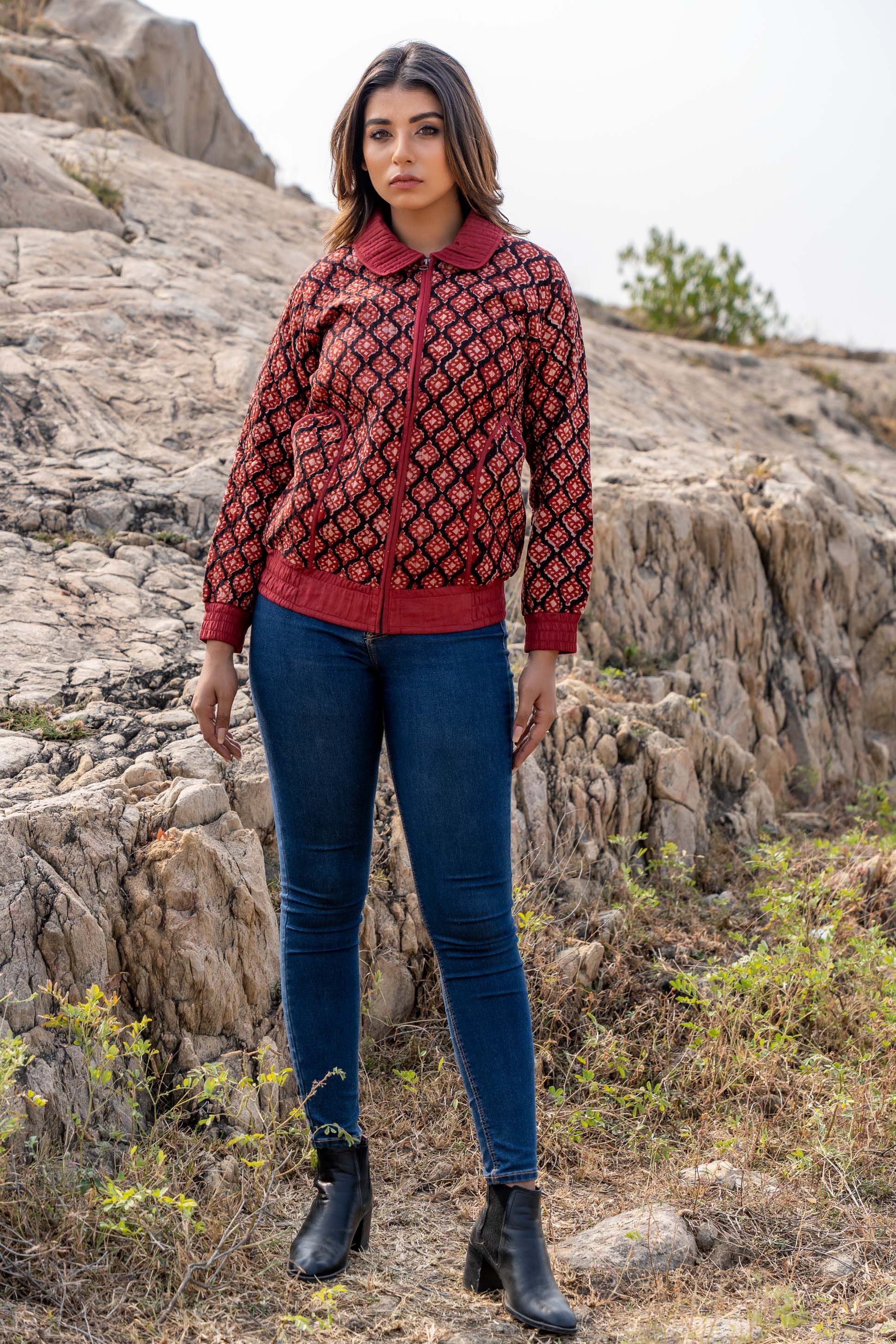 Red Bagh Block Print Quilted Bomber Jacket