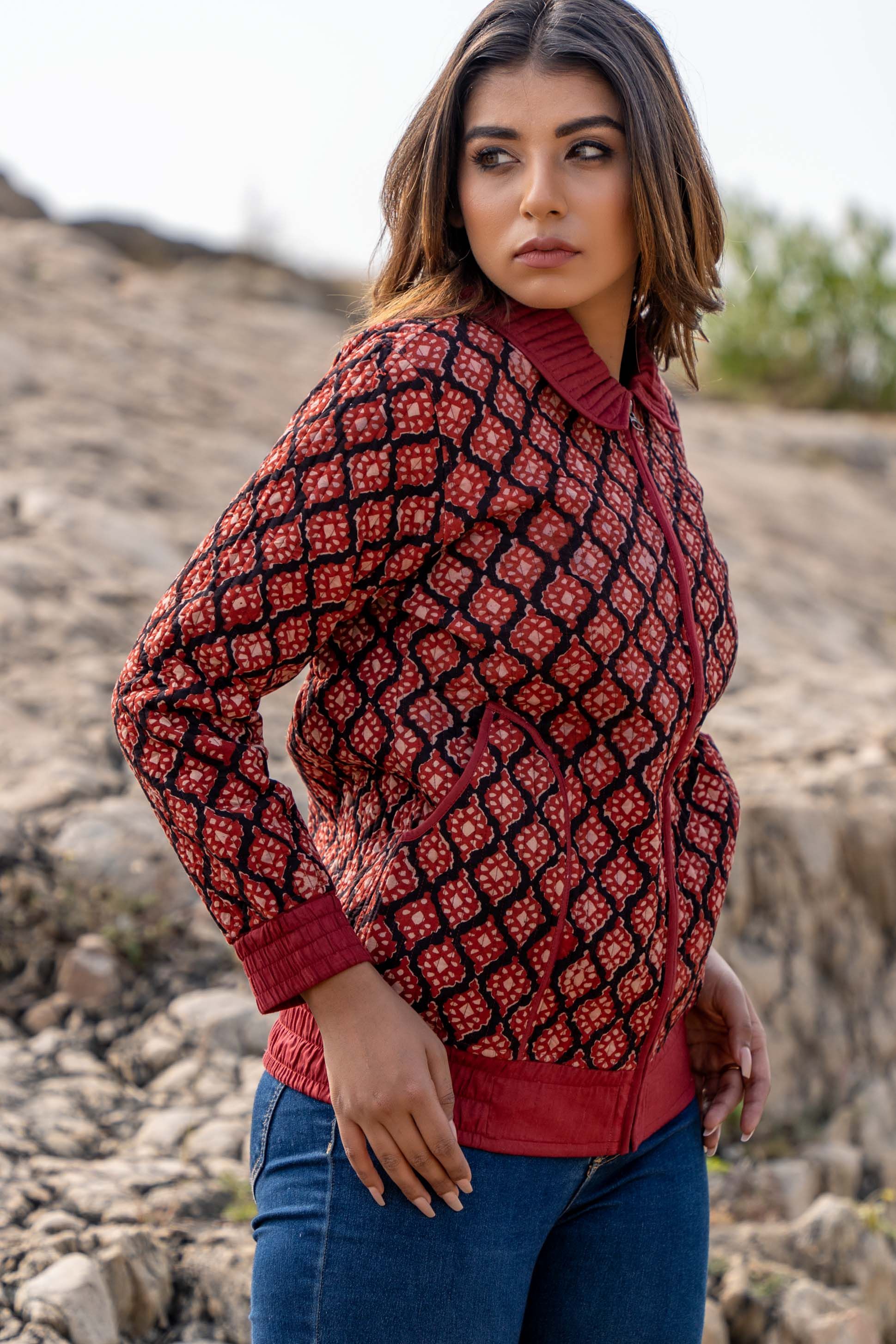 Red Bagh Block Print Quilted Bomber Jacket