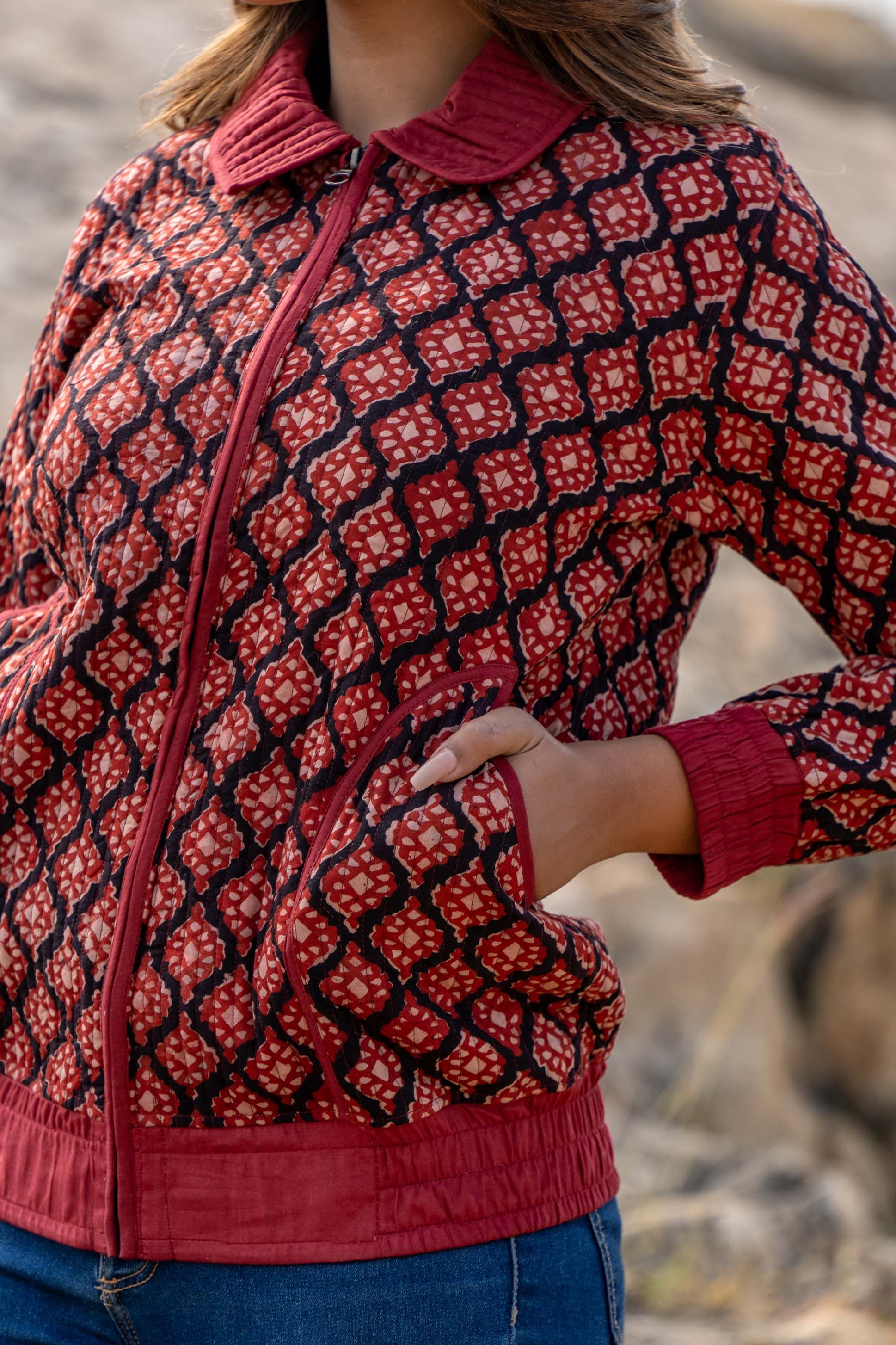 Red Bagh Block Print Quilted Bomber Jacket