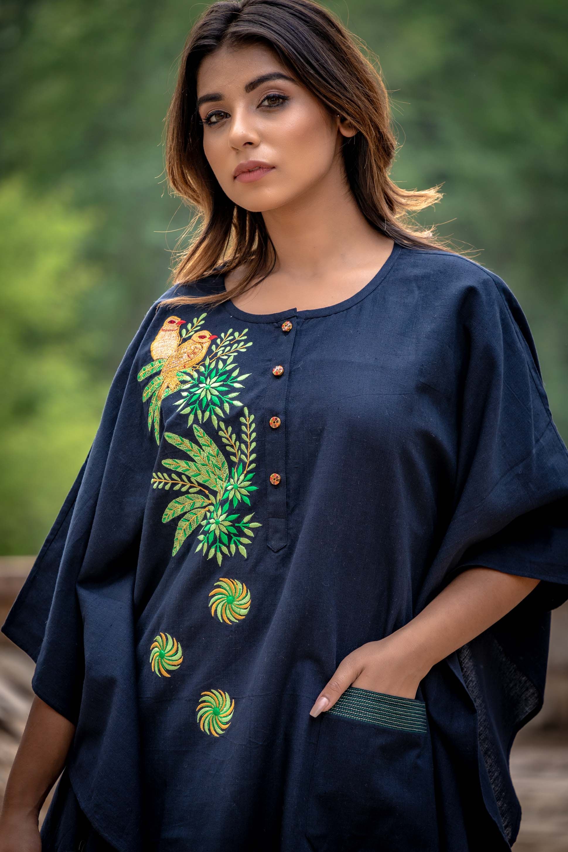 Black Embroidered Khari Cotton Kaftan