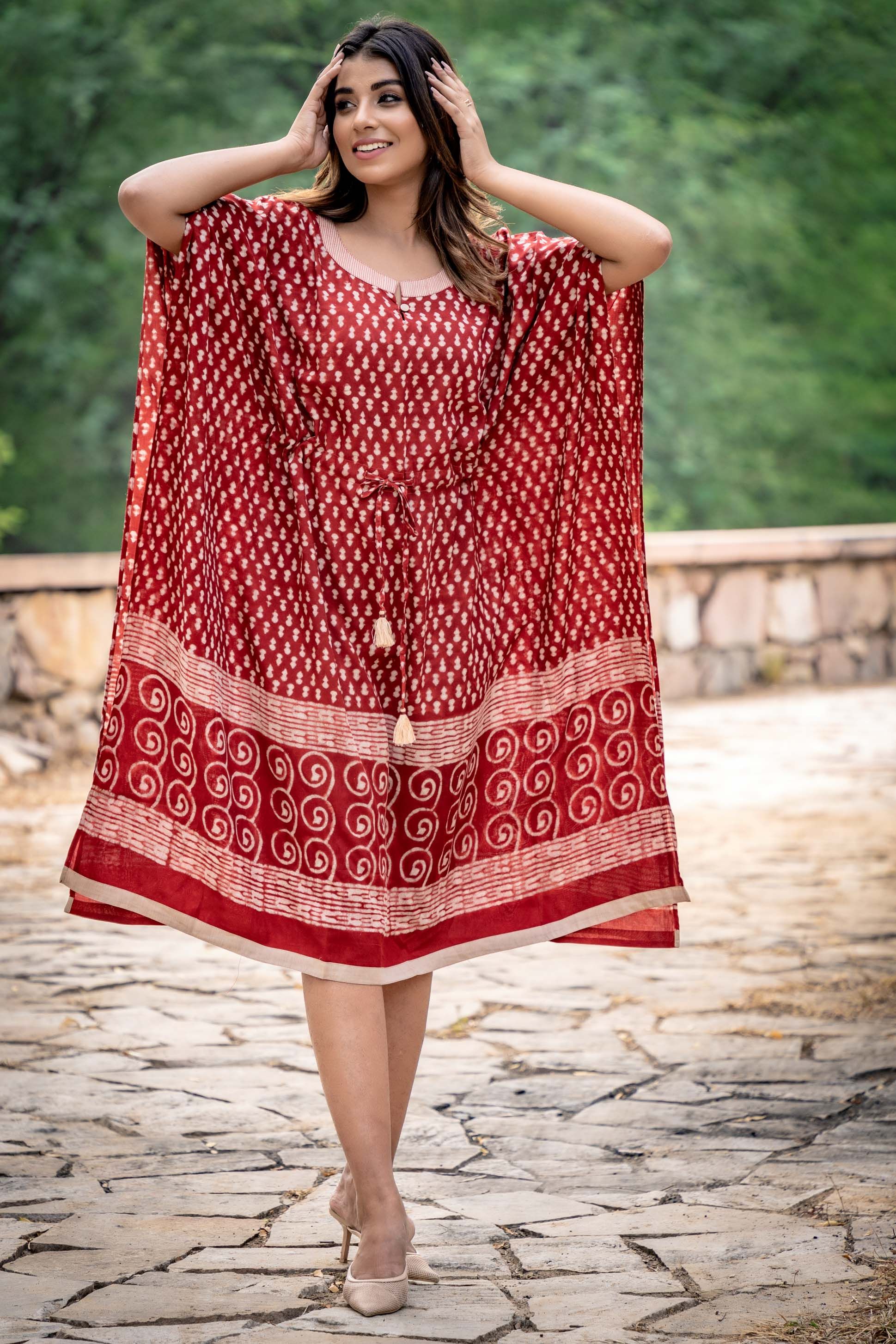 Natural Red Block Printed Modal Kaftan