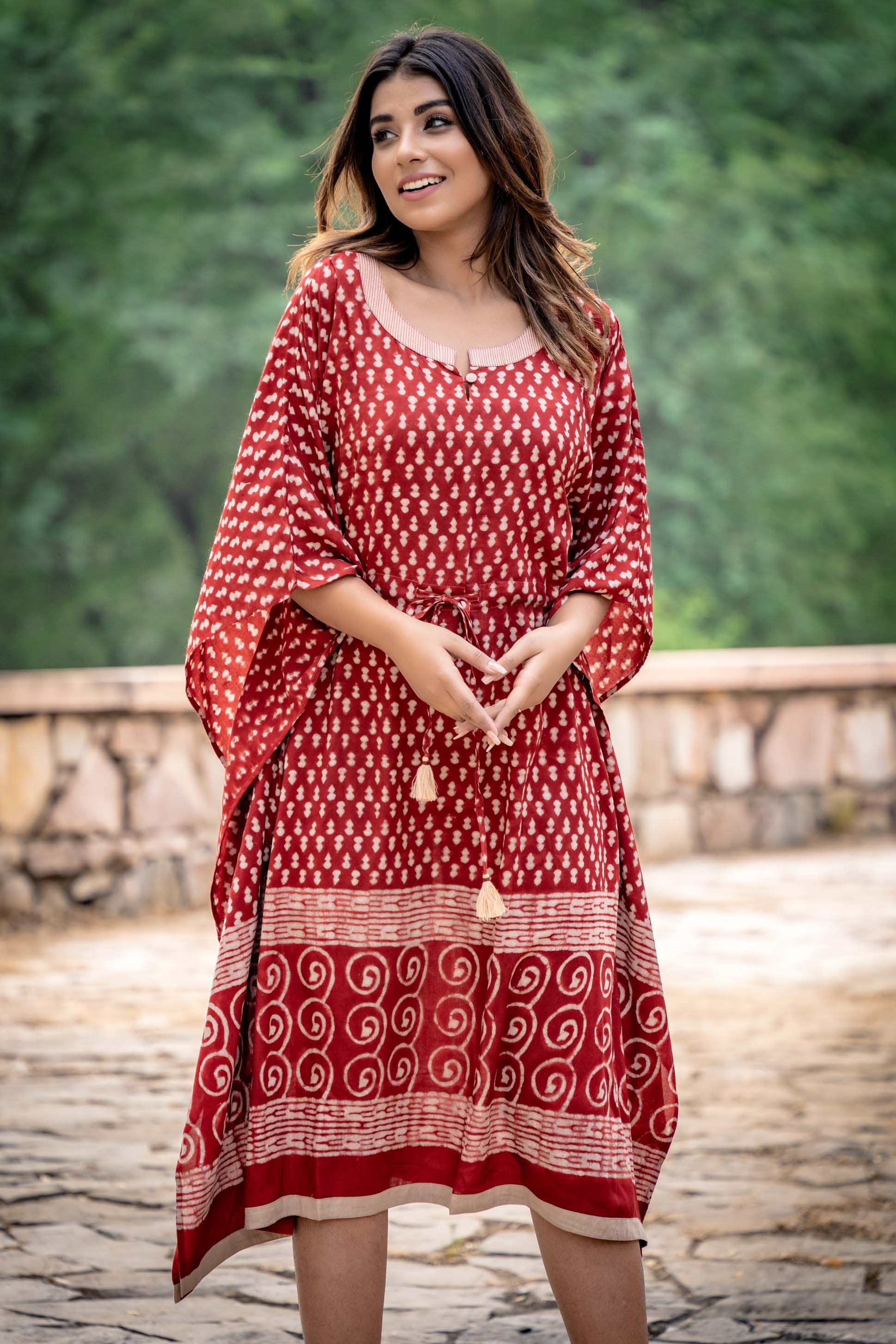 Natural Red Block Printed Modal Kaftan