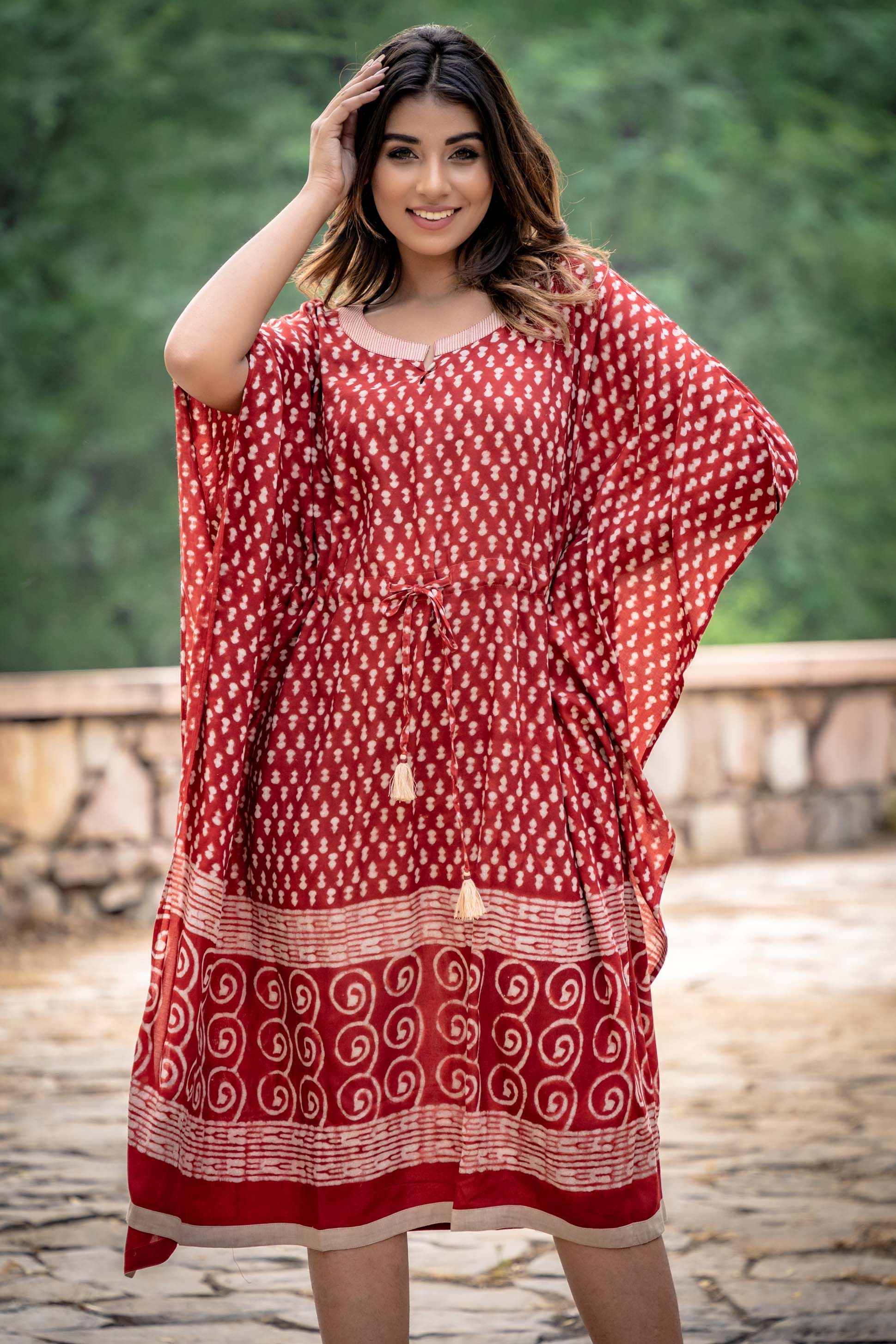 Natural Red Block Printed Modal Kaftan