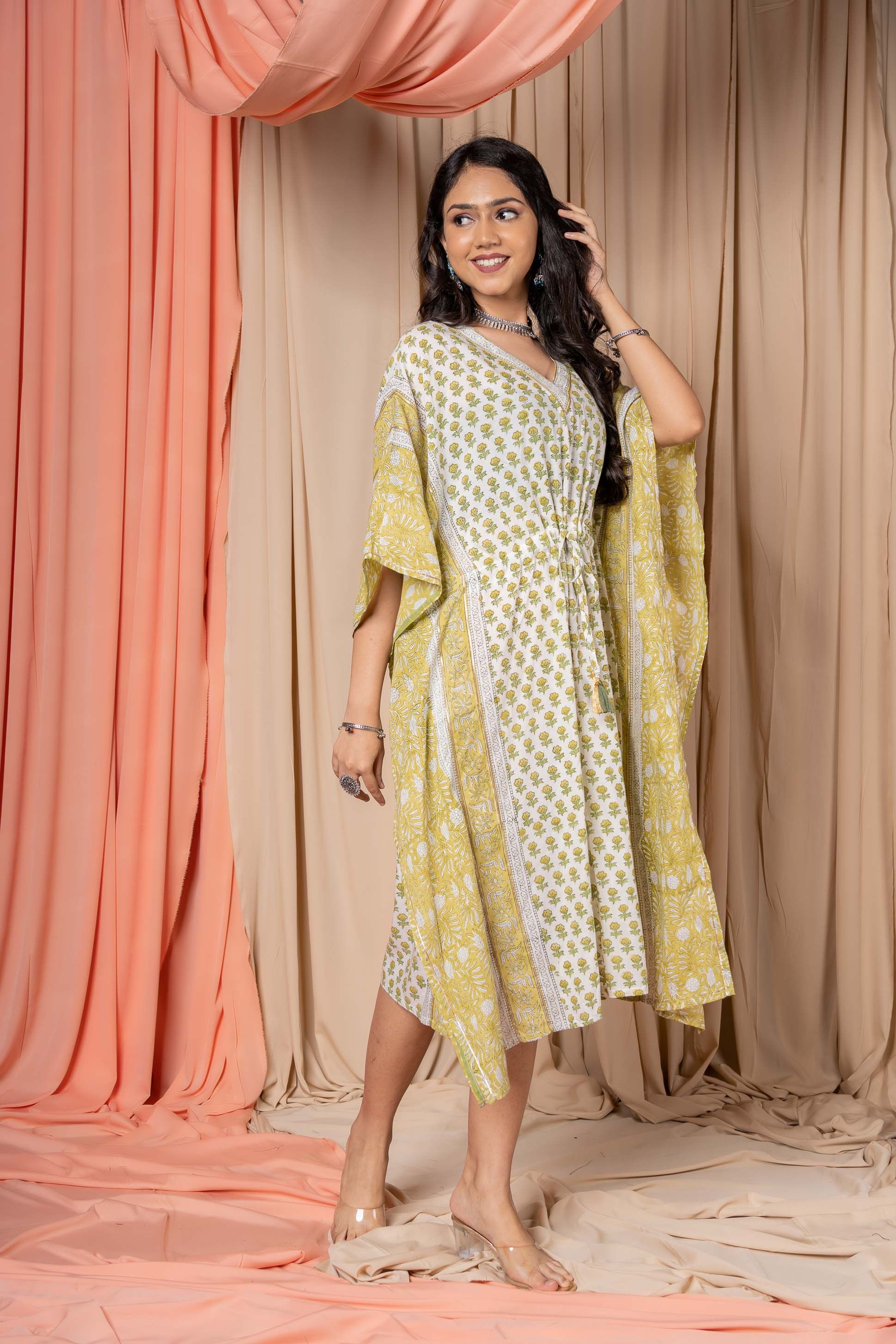 Green Muslin Silk Block Printed Kaftan