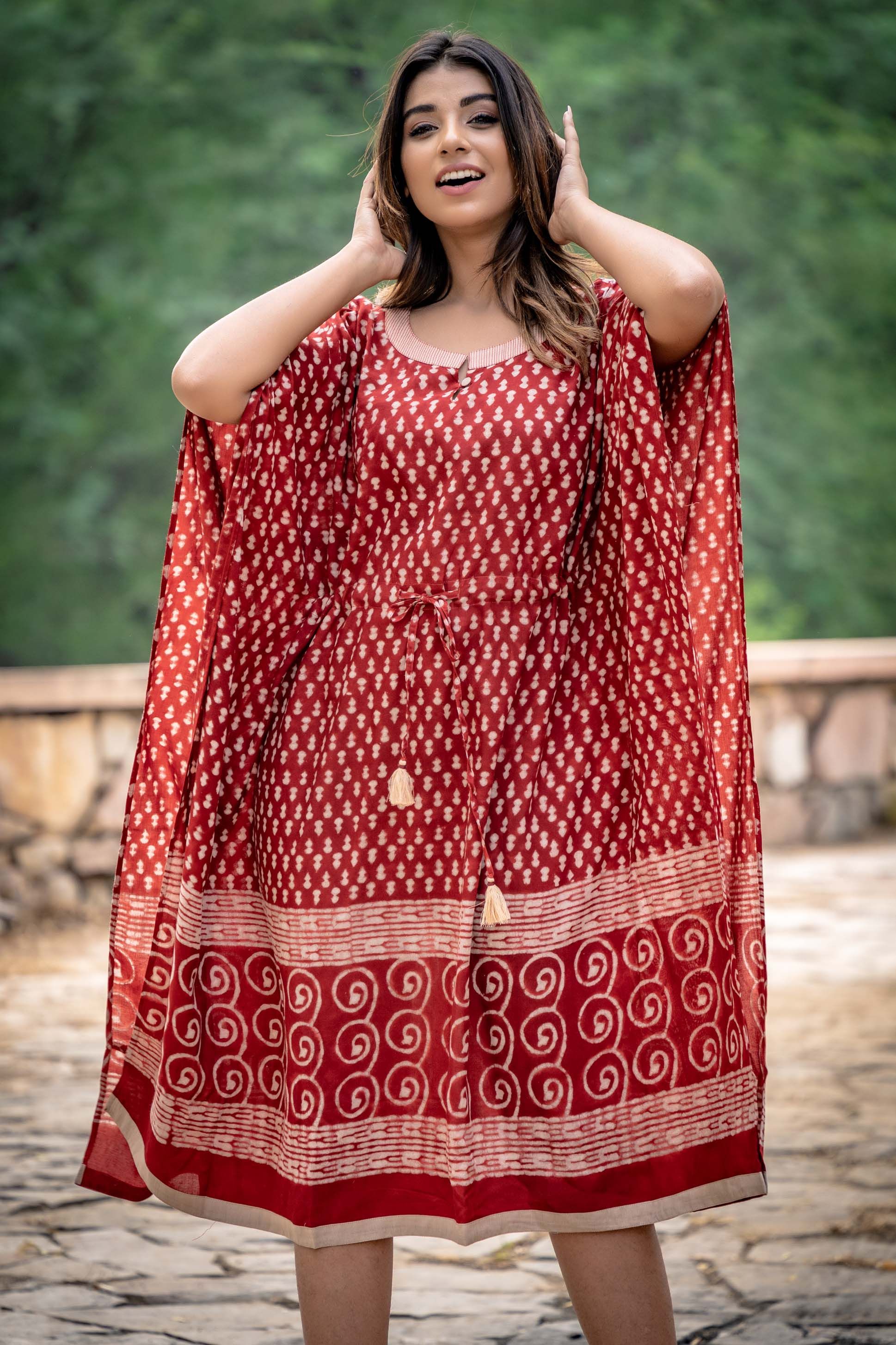 Natural Red Block Printed Modal Kaftan