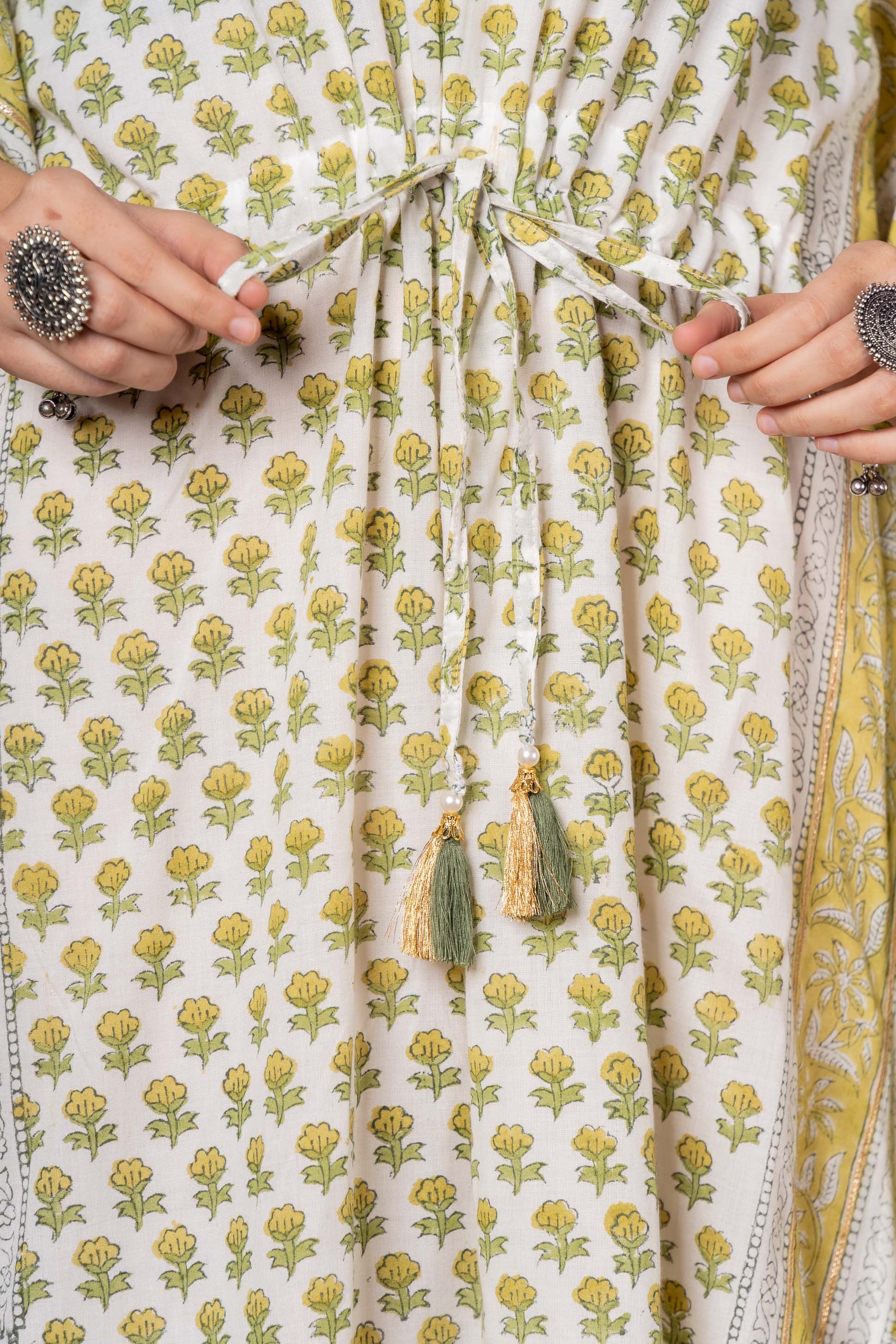 Green Muslin Silk Block Printed Kaftan