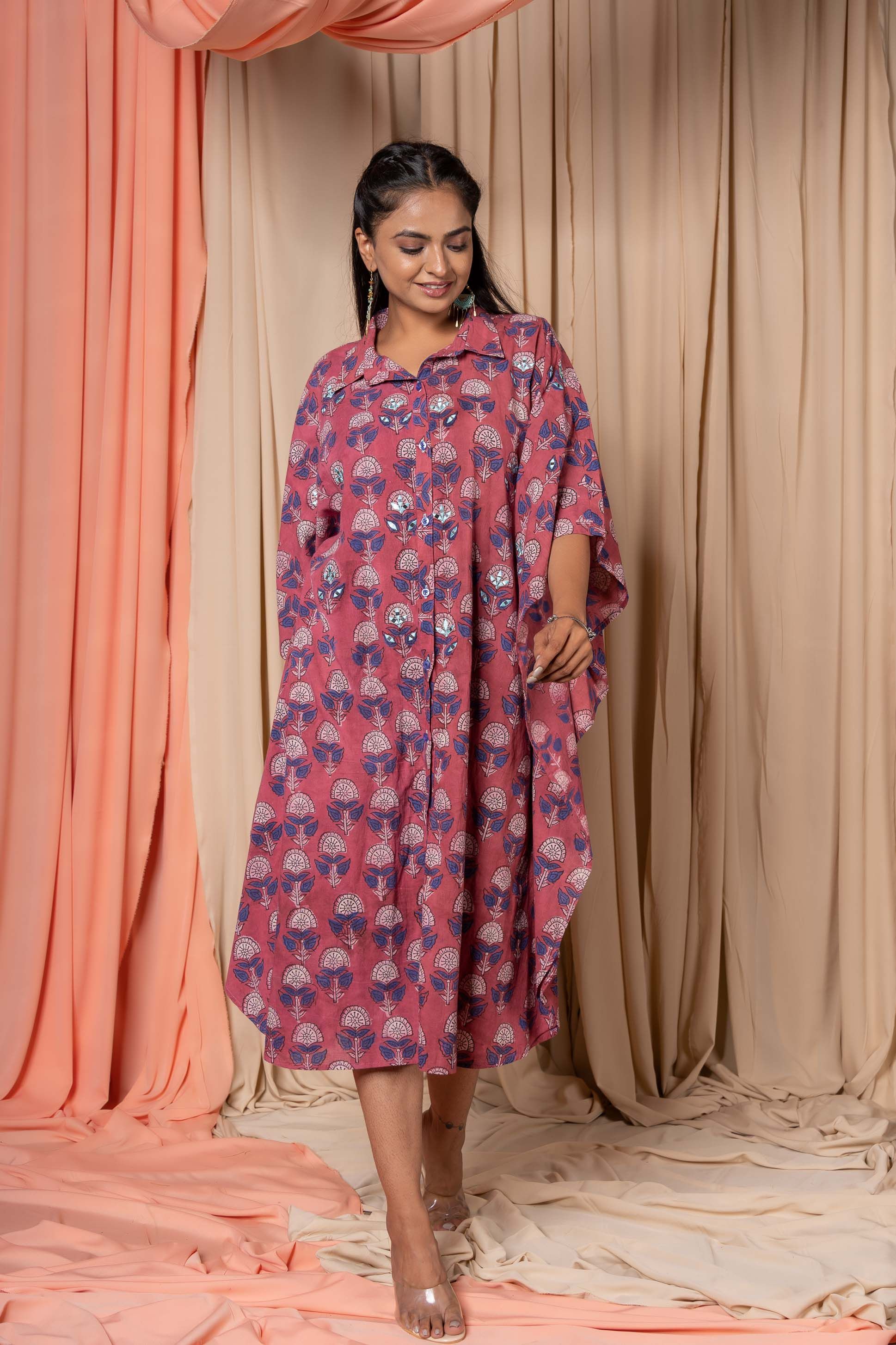 Rose Wine Block Printed Shirt Kaftan