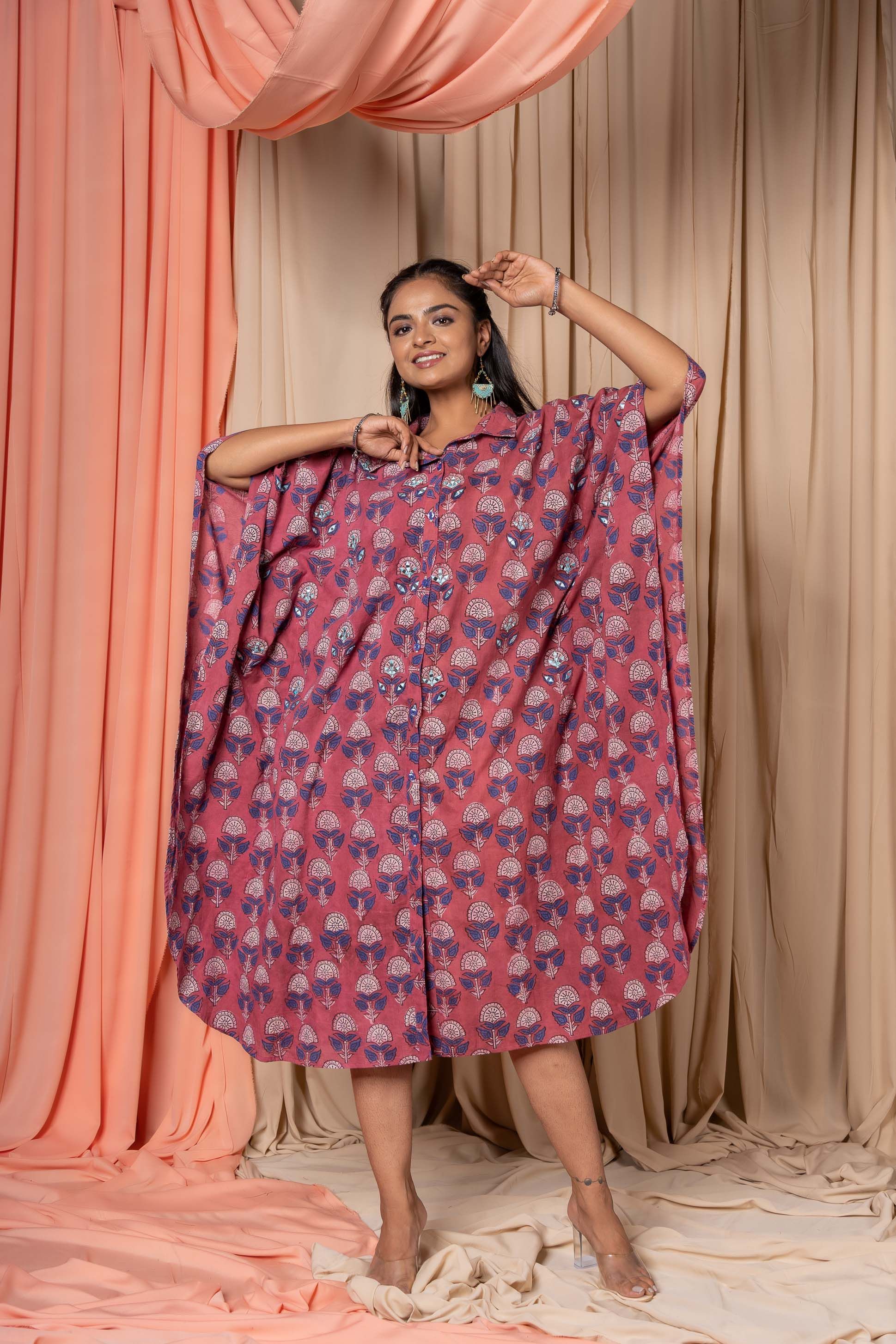 Rose Wine Block Printed Shirt Kaftan