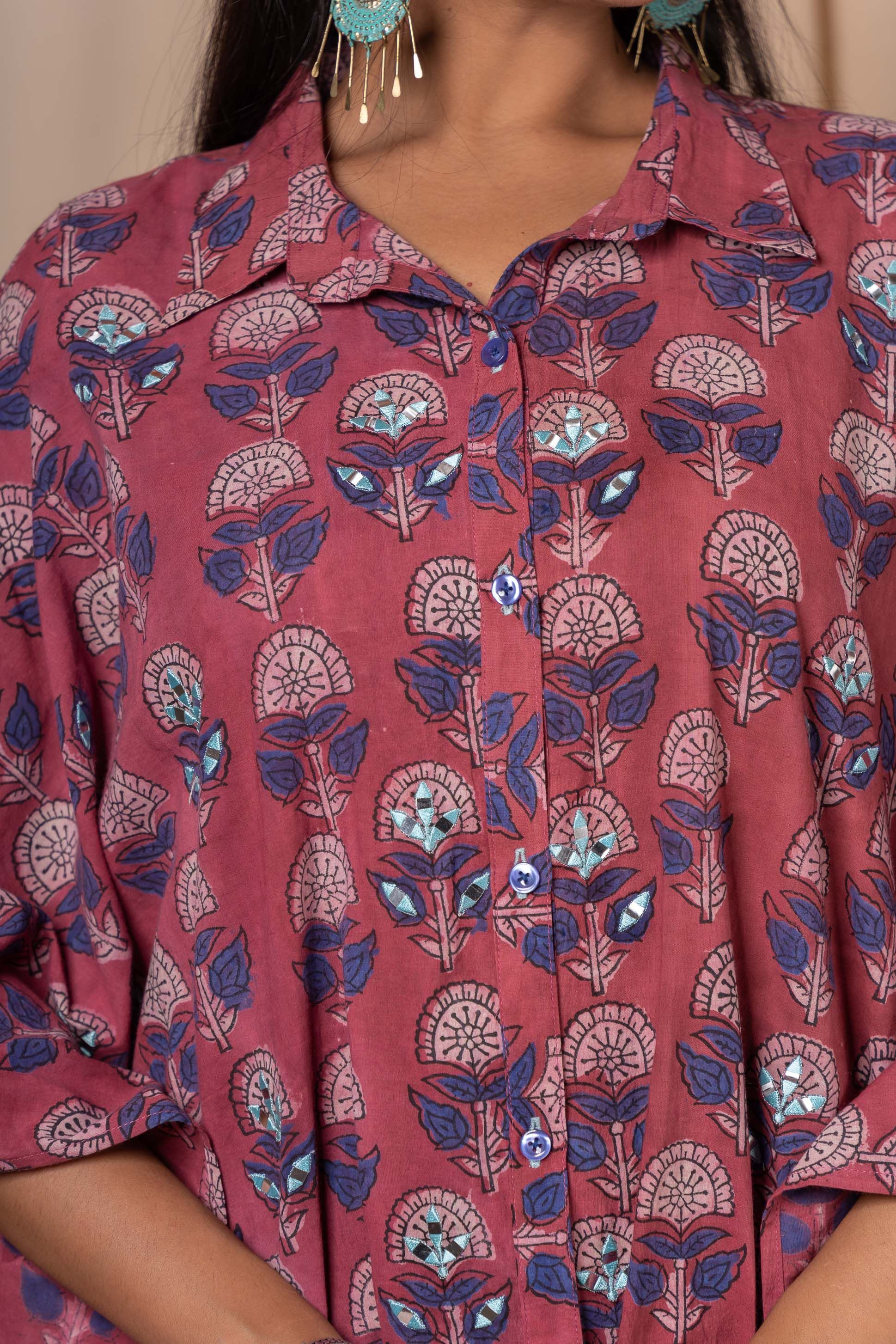 Rose Wine Block Printed Shirt Kaftan