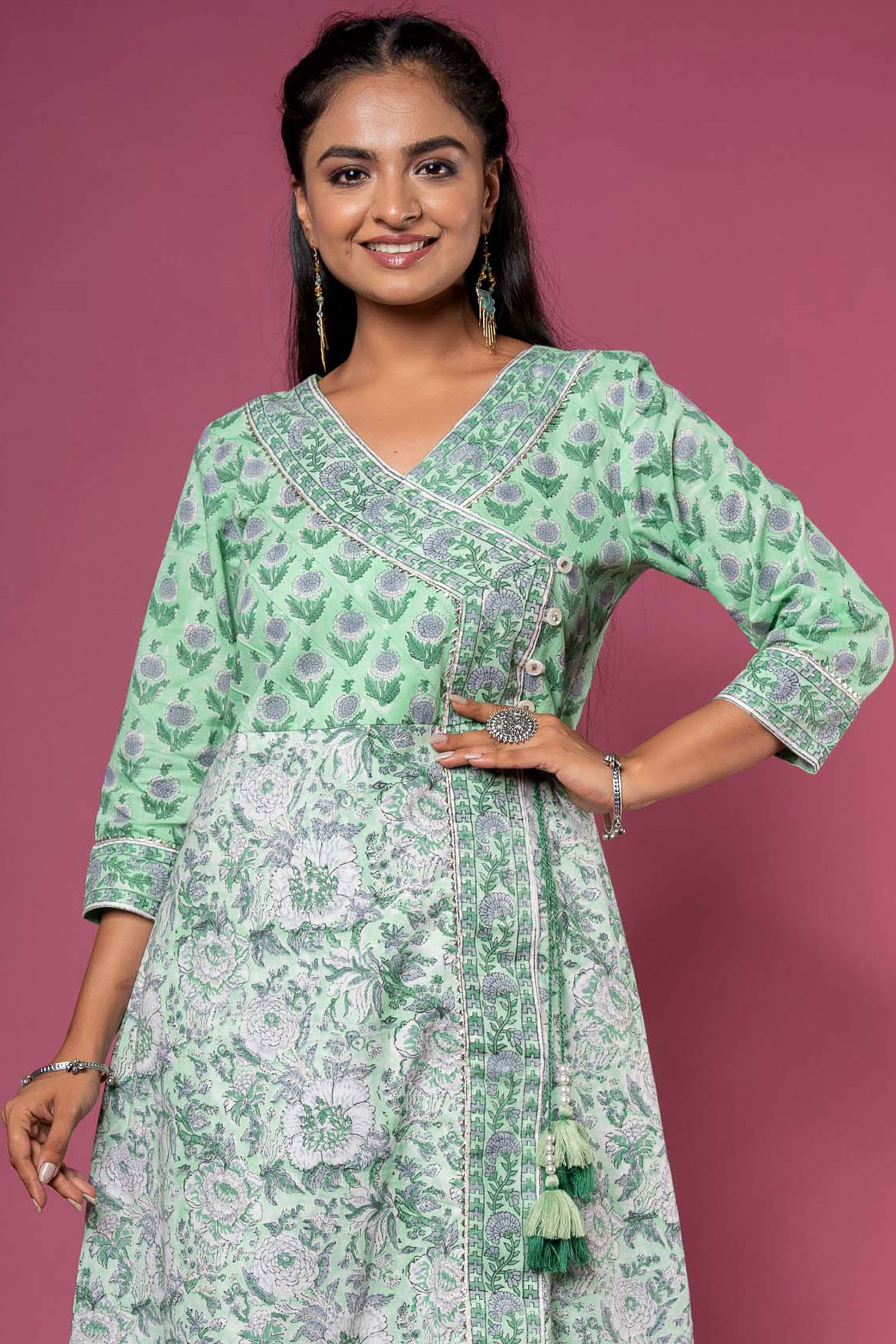 Green Angrakha Block Printed Kurta 