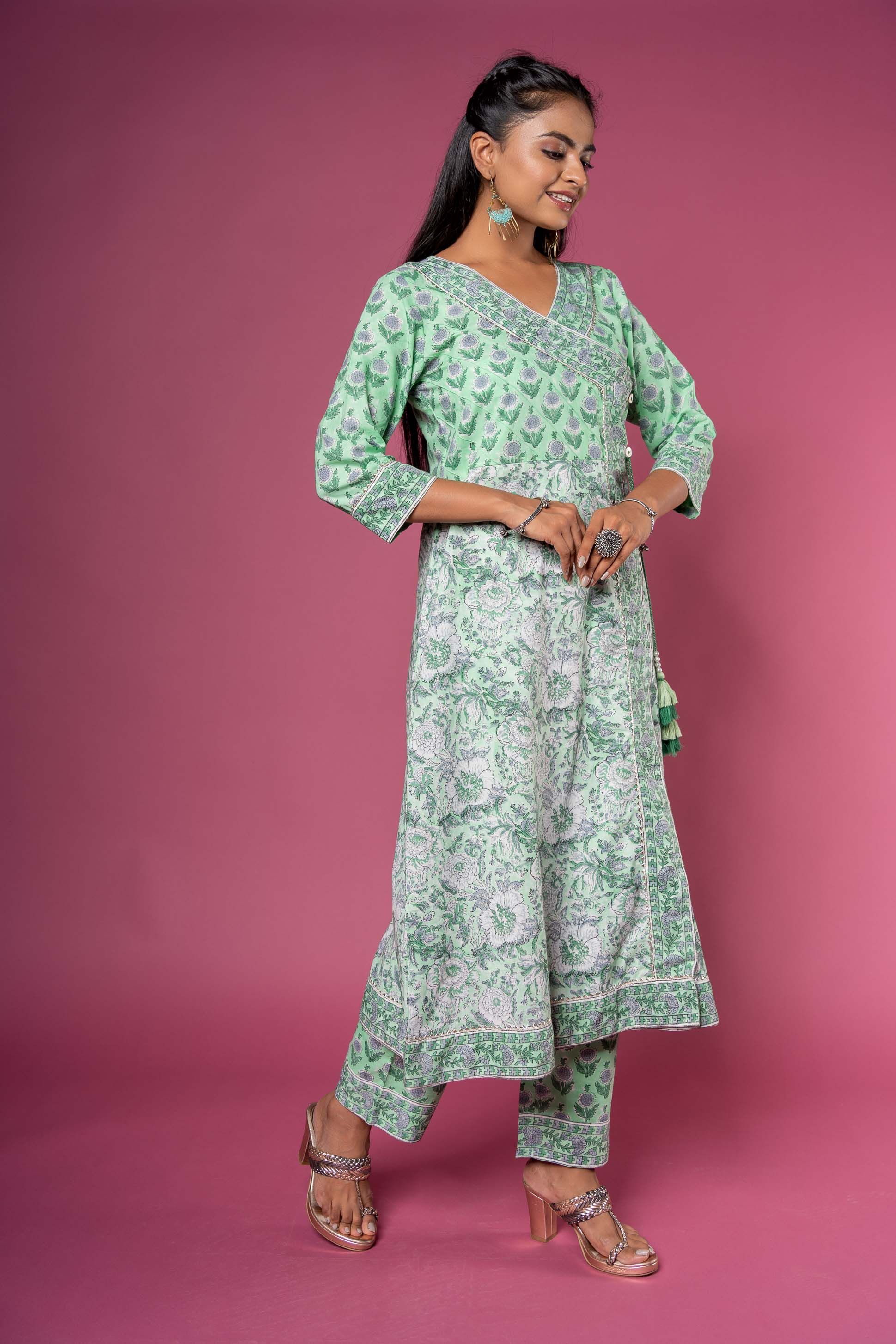 Green Angrakha Block Printed Kurta 