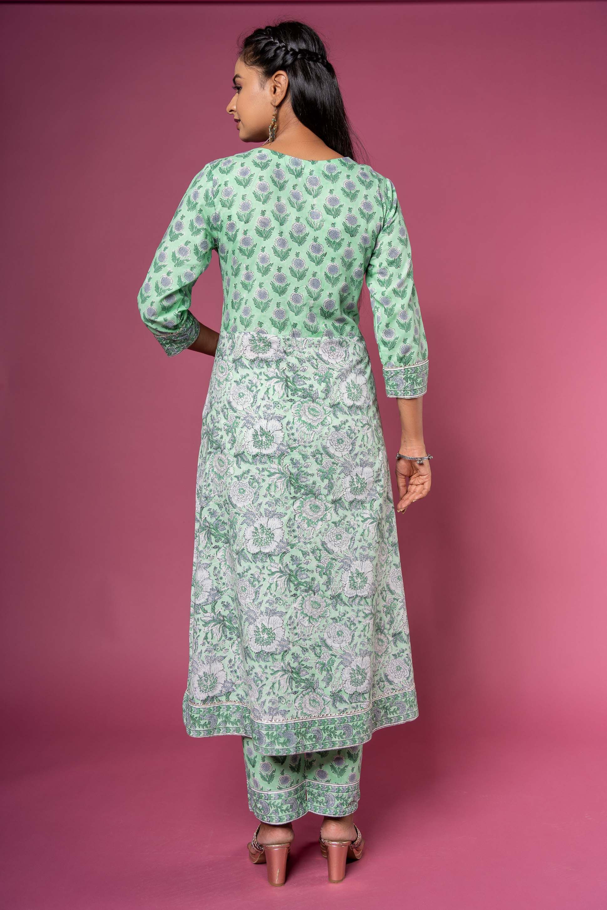 Green Angrakha Block Printed Kurta 