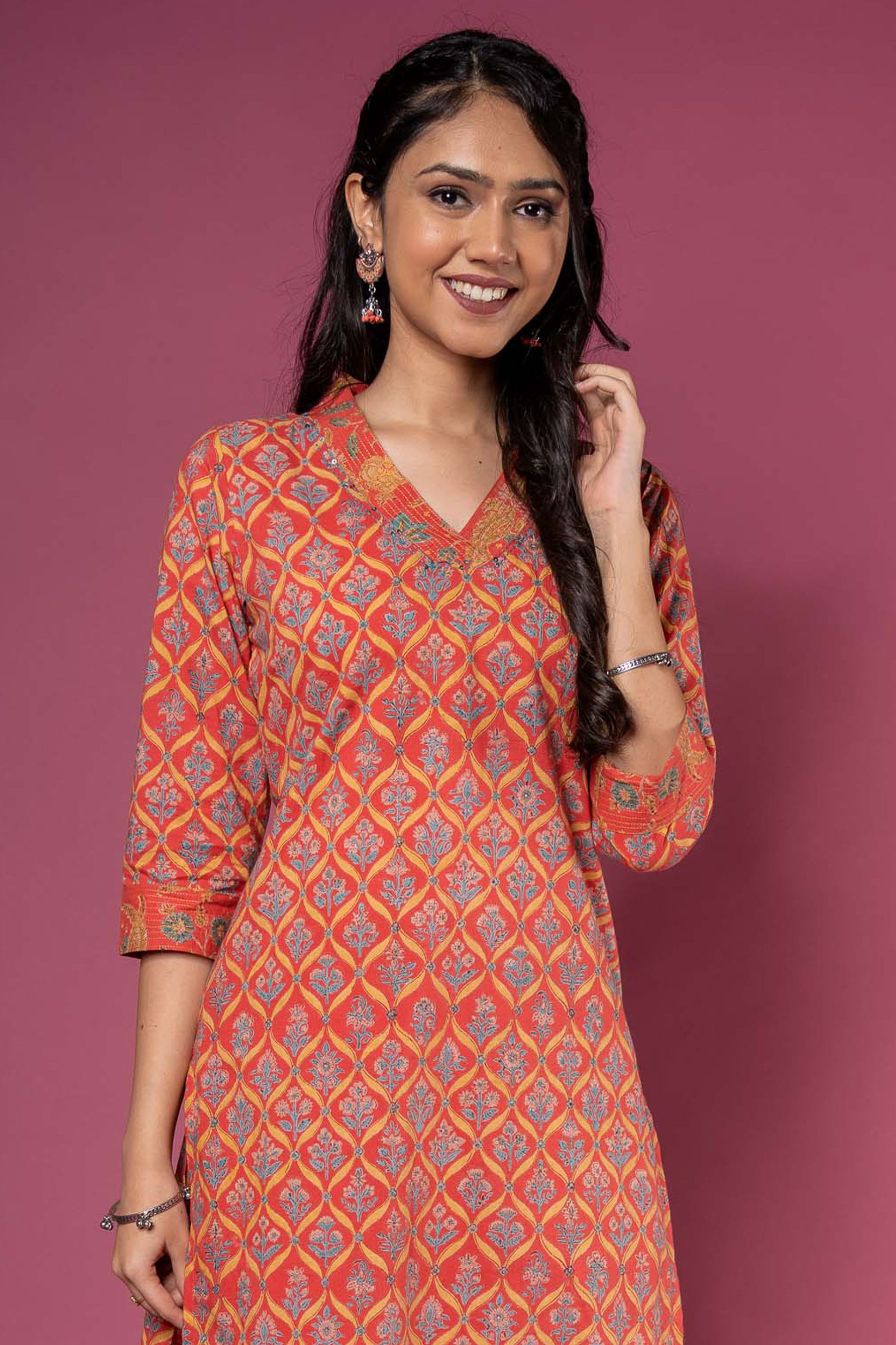 Tango Red Block Printed Kurta 