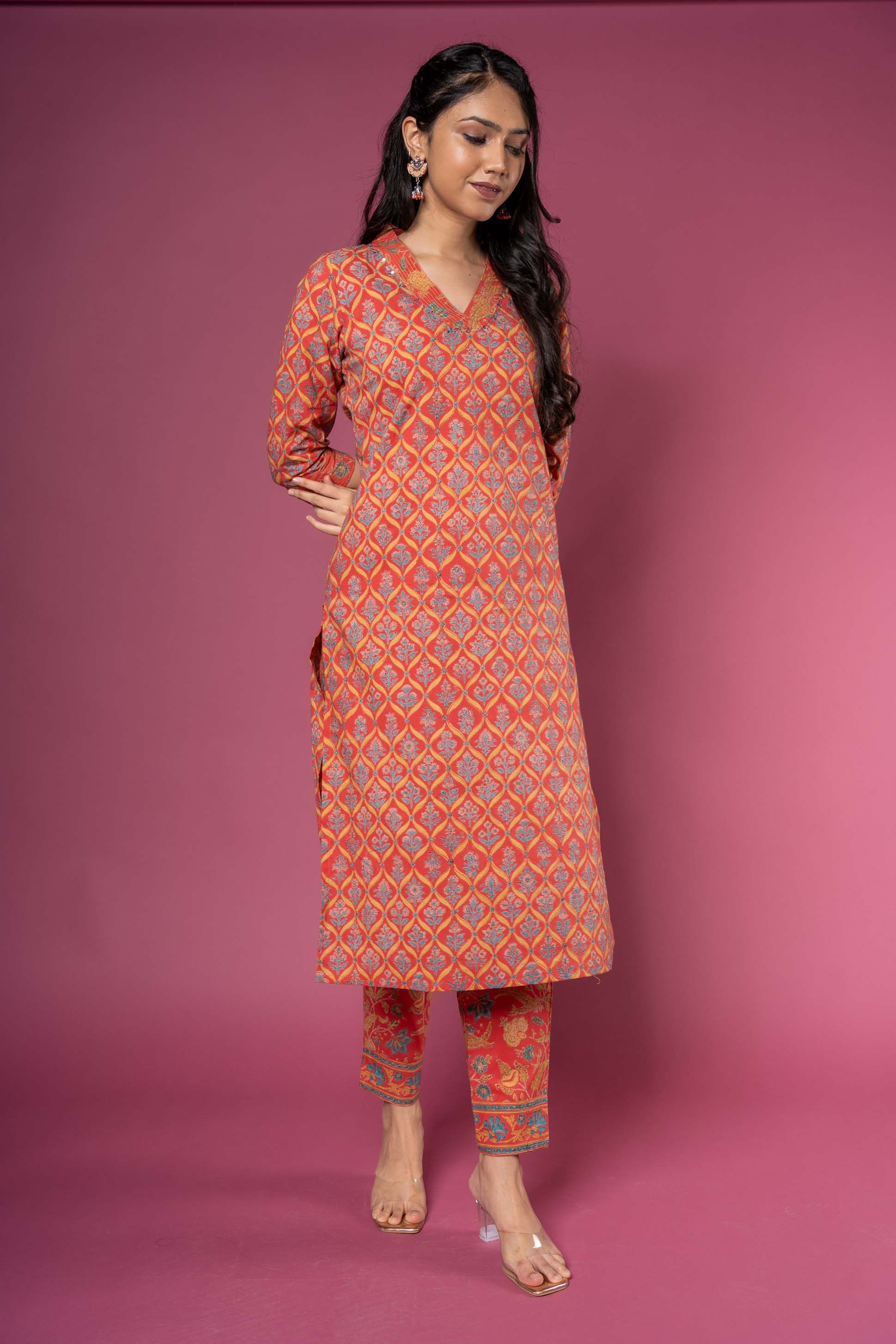 Tango Red Block Printed Kurta 