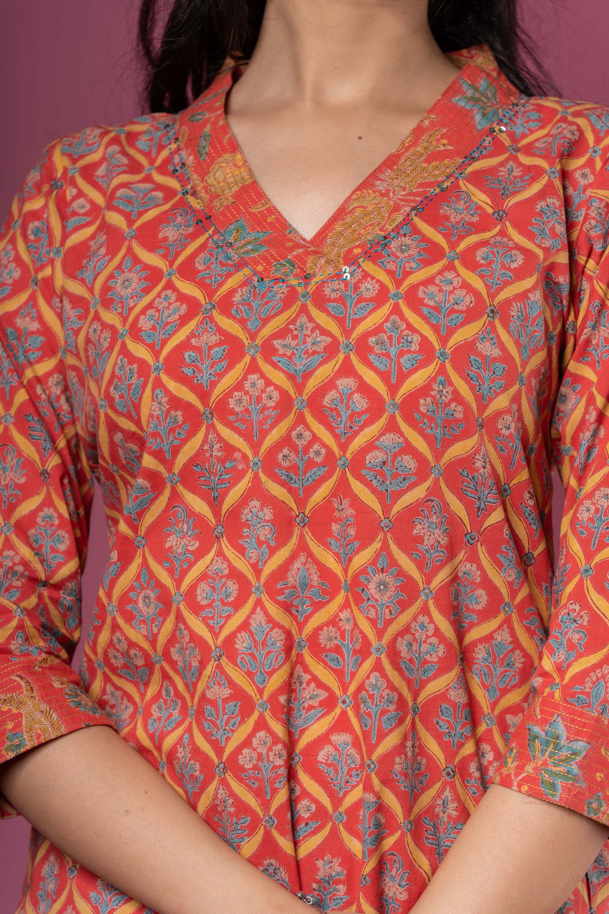 Tango Red Block Printed Kurta 