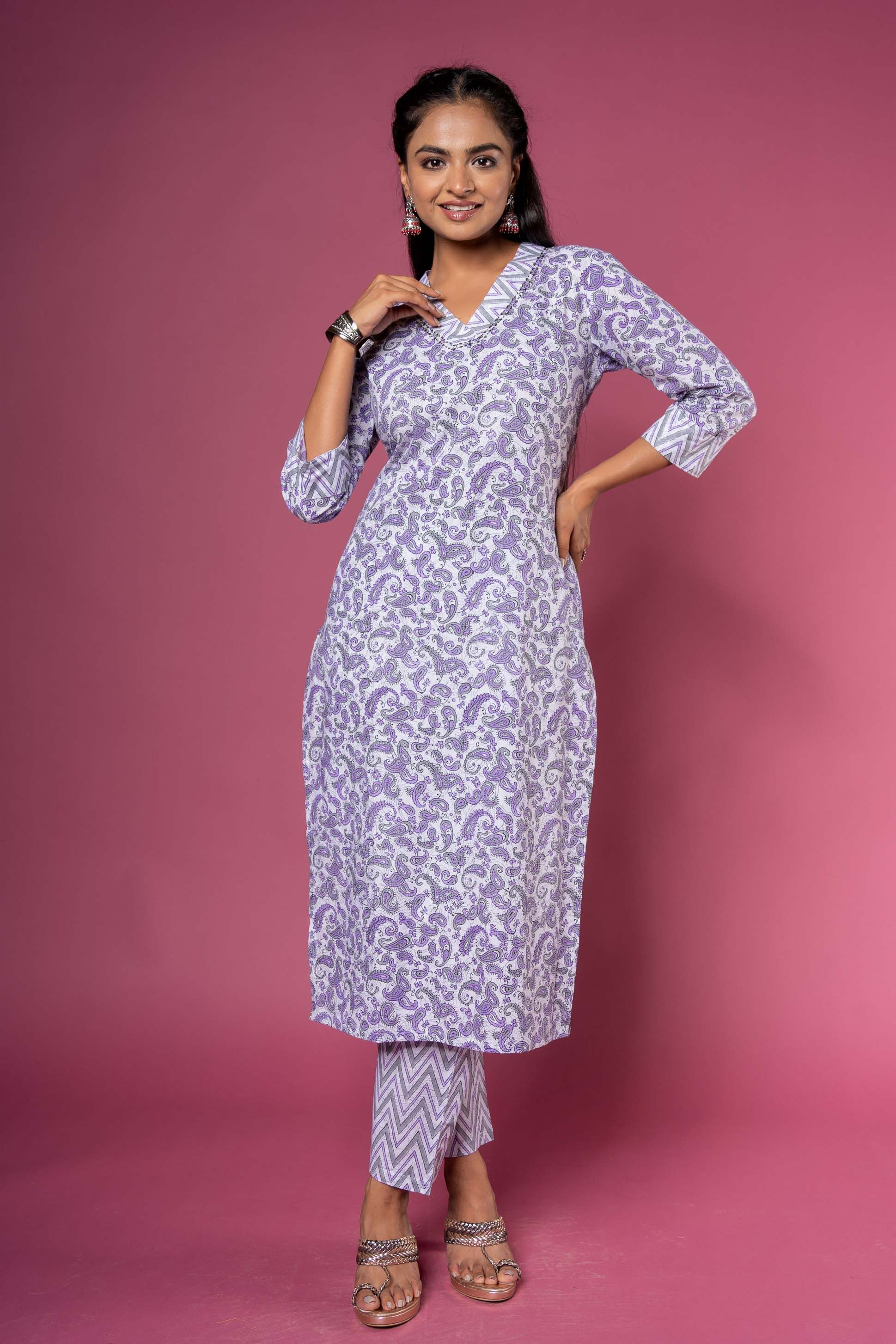 Violet Paisley Block Printed Kurta 