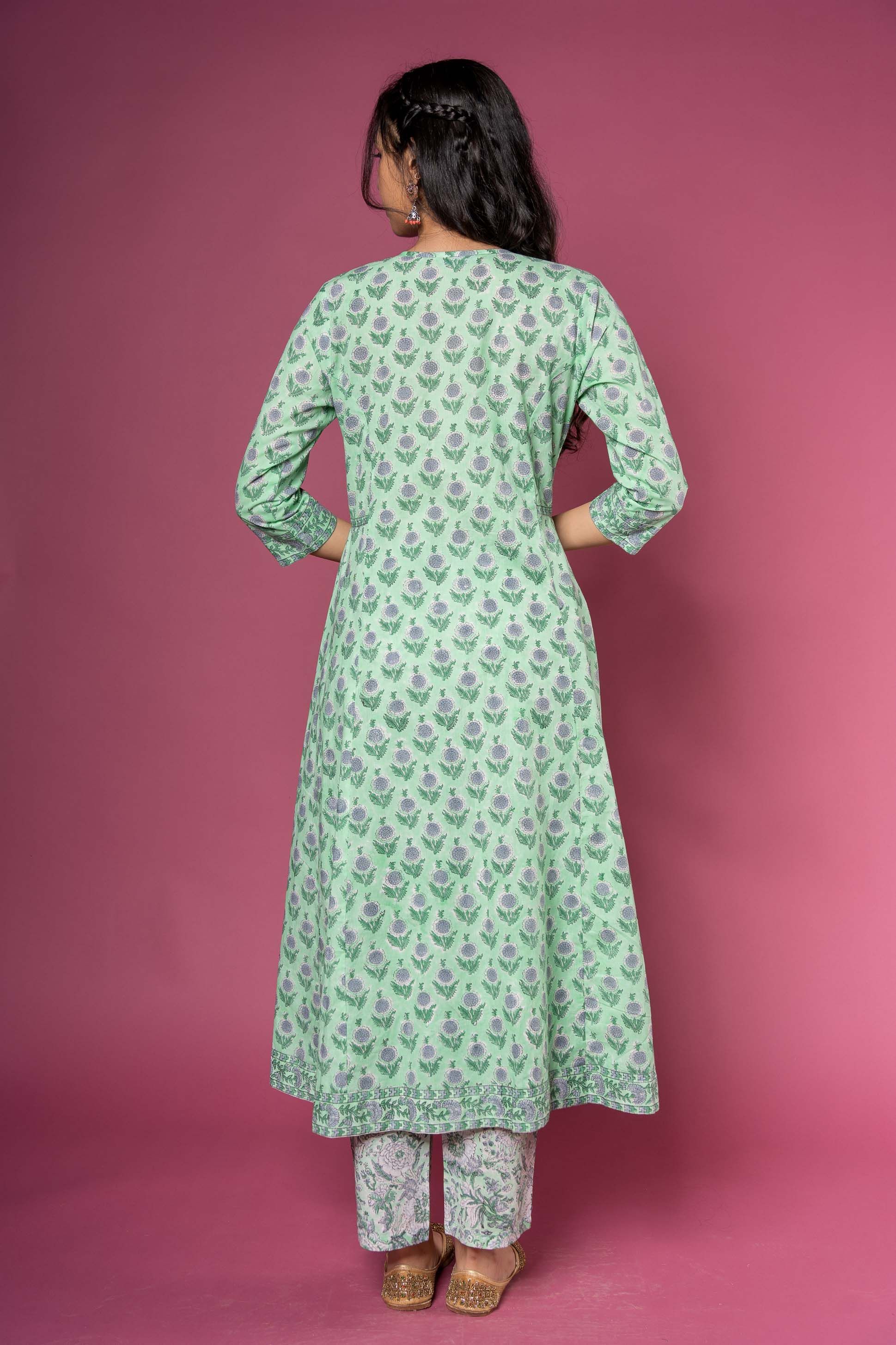 Green Block Printed Anarkali Kurta 