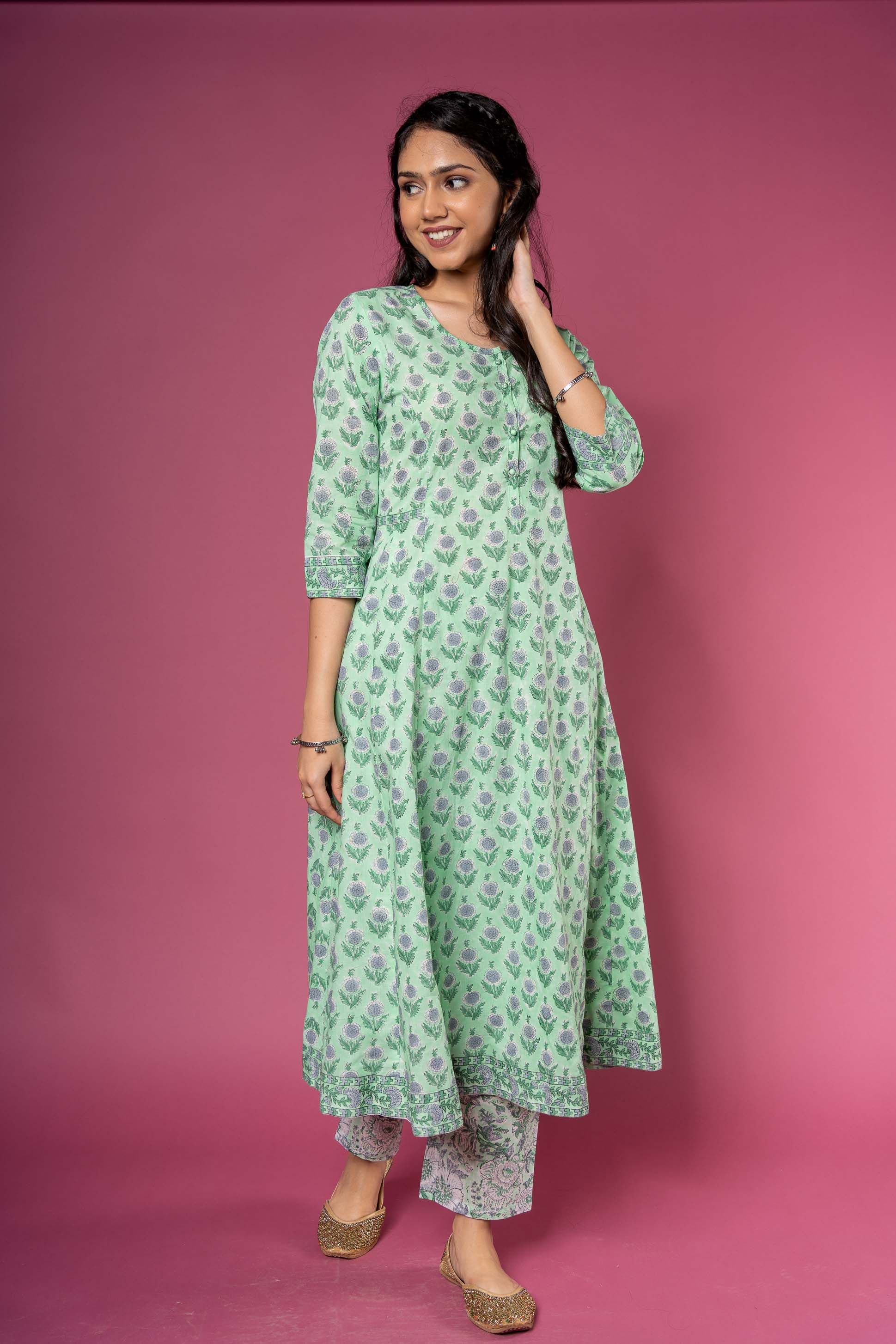 Green Block Printed Anarkali Kurta 