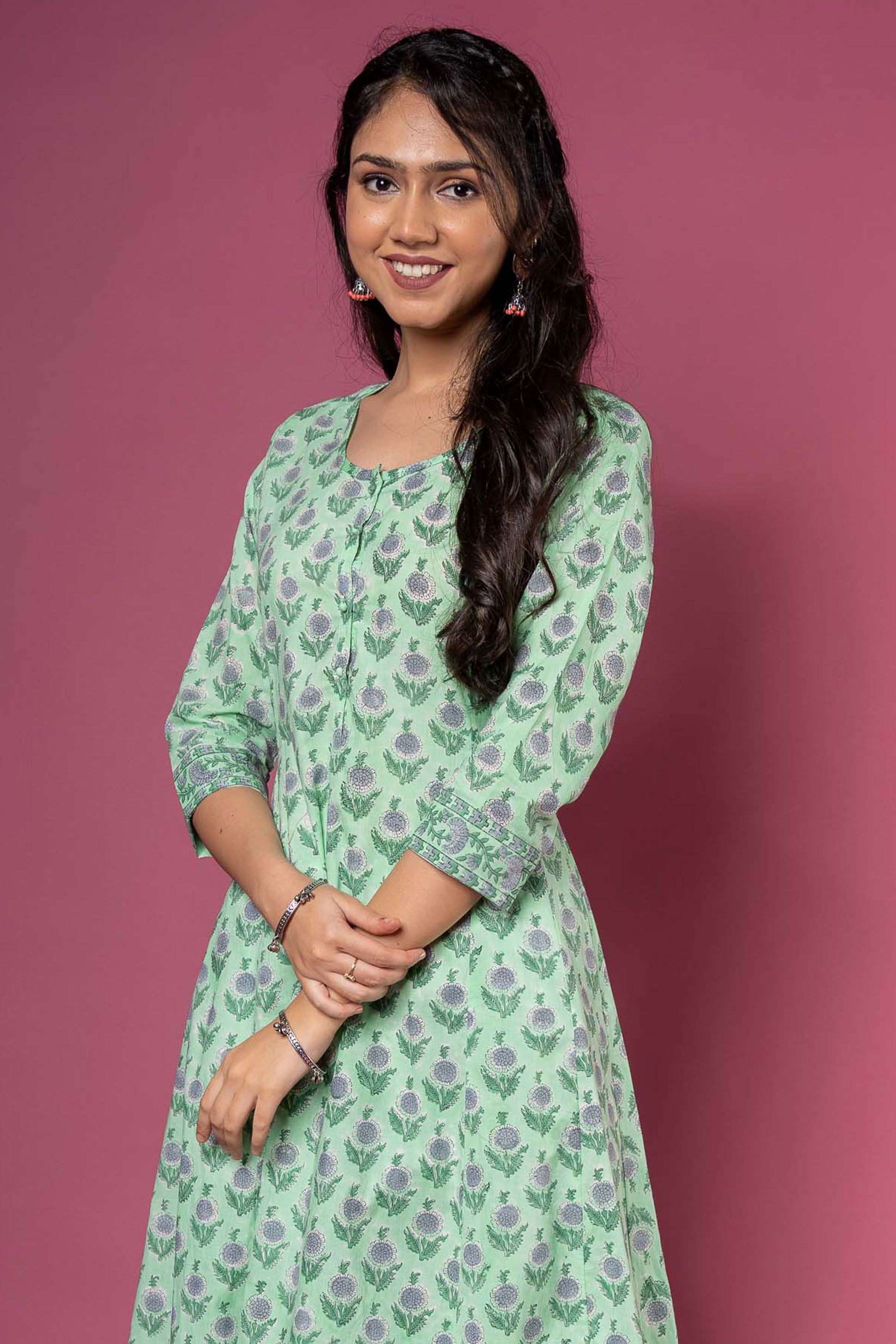 Green Block Printed Anarkali Kurta 