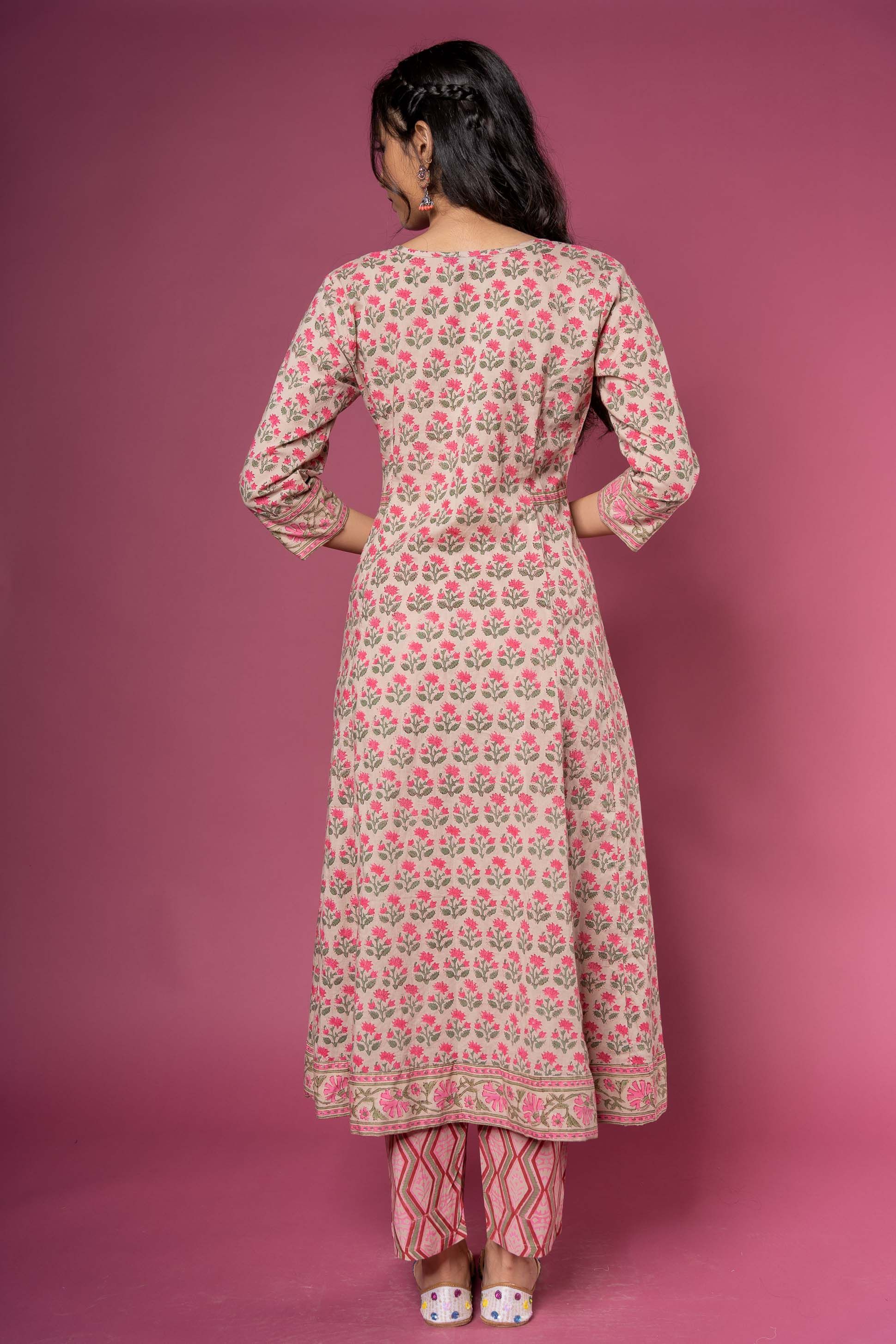 Pink Floral Block Printed Anarkali Kurta 