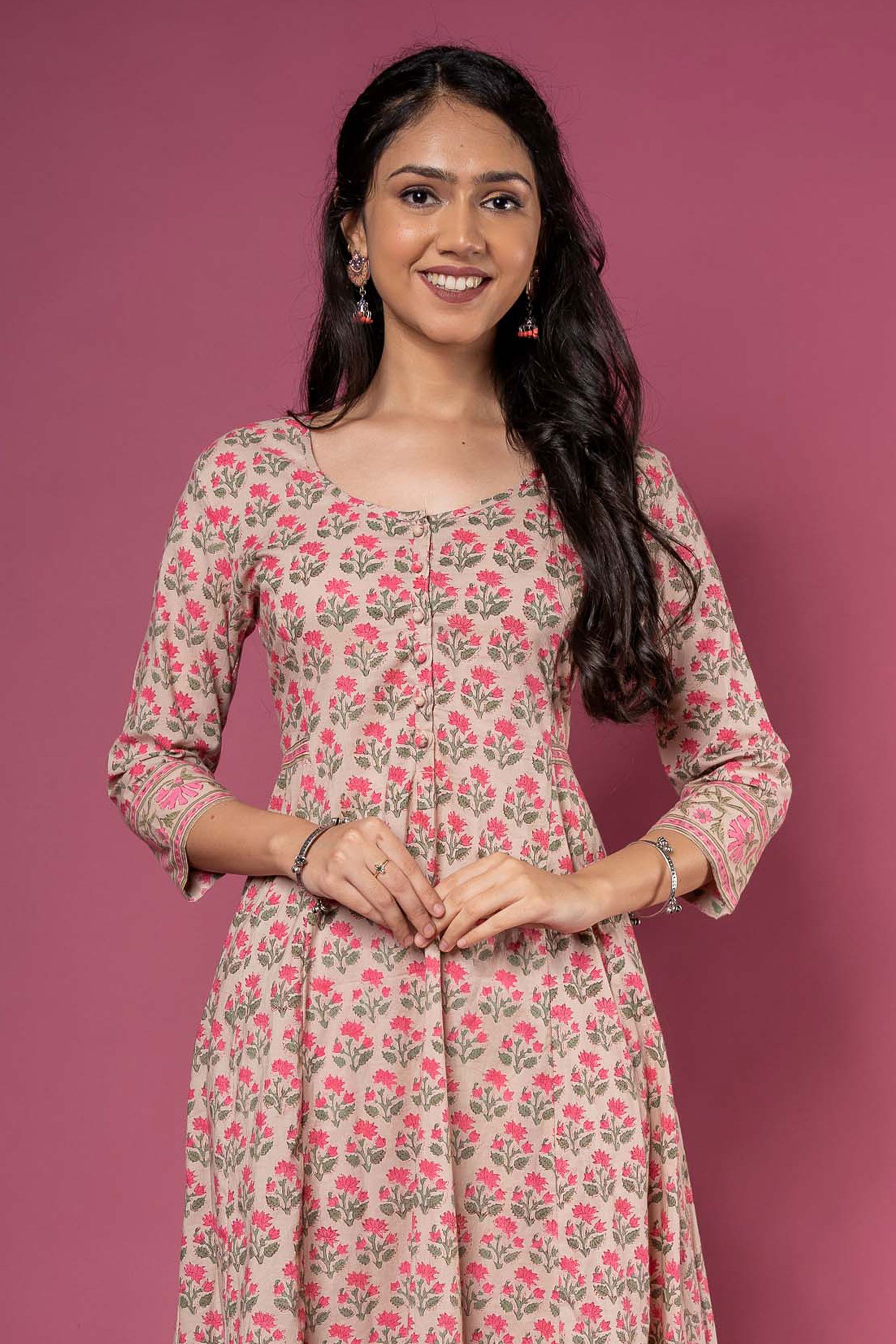 Pink Floral Block Printed Anarkali Kurta 