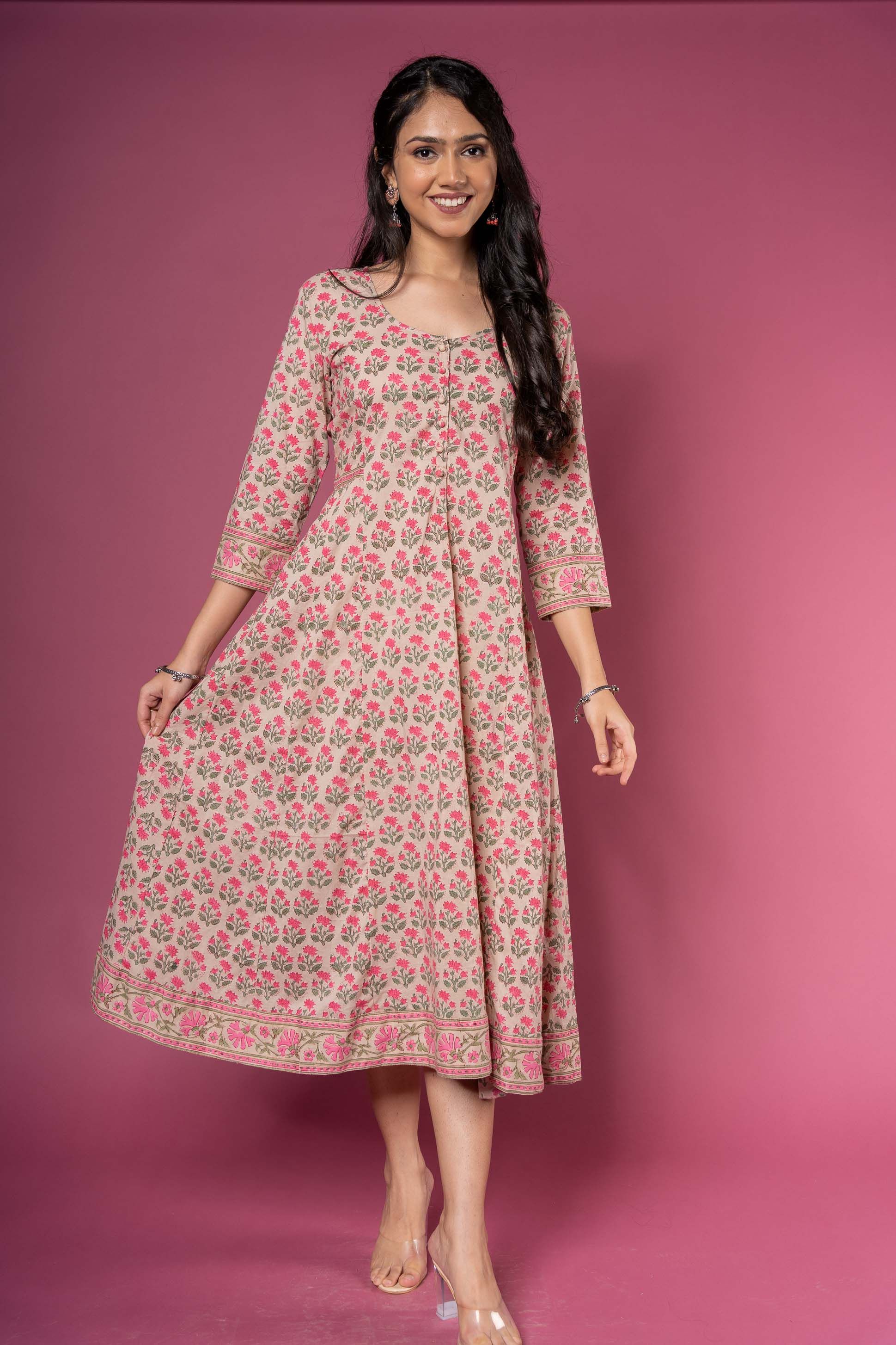 Pink Floral Block Printed Anarkali Kurta 