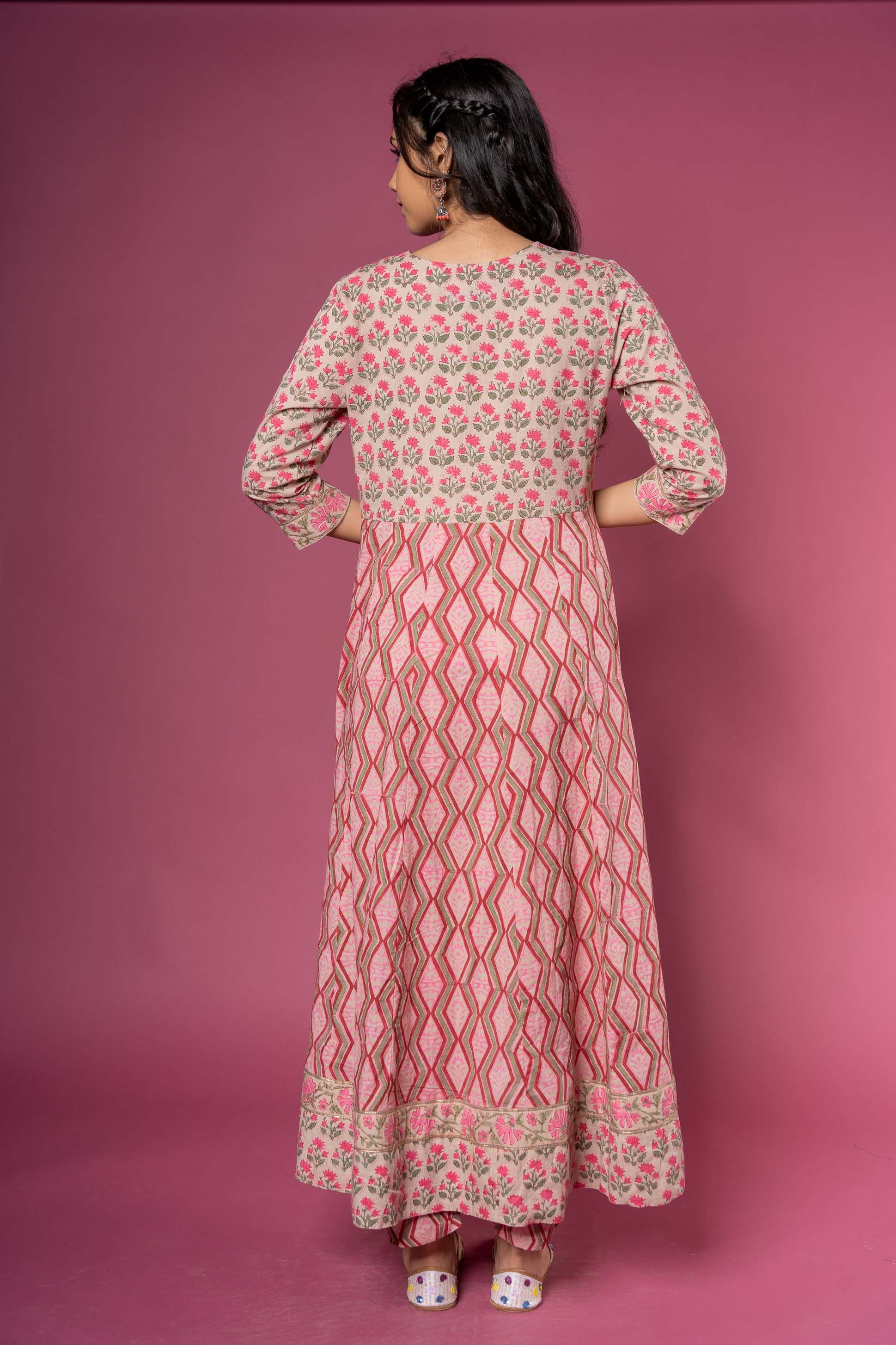 Pink Block Printed Long Kurta 